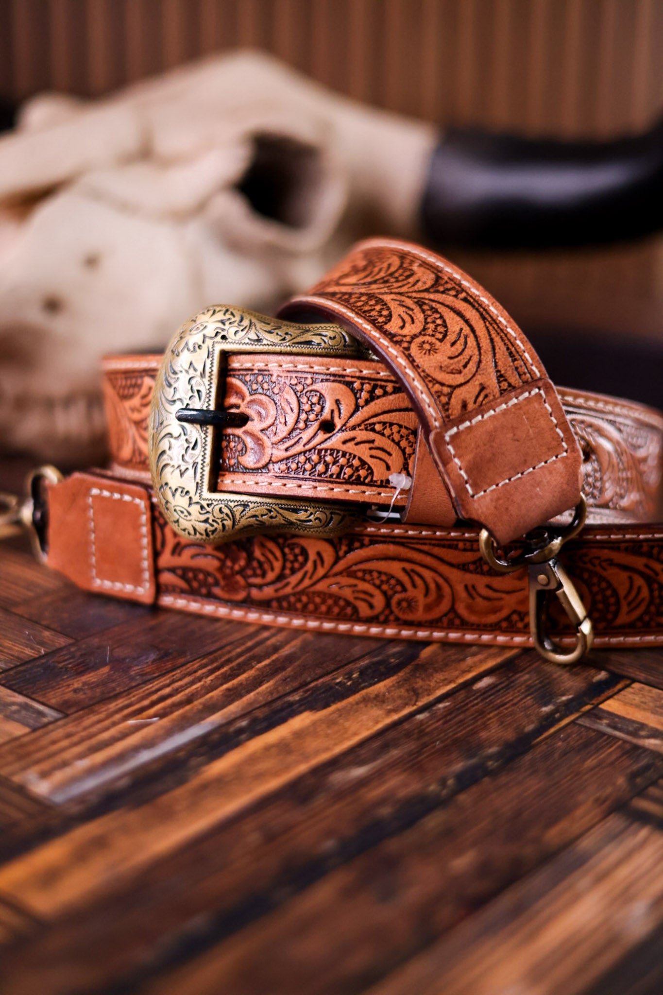 Brown Western Inspired Tooled Leather Purse Strap