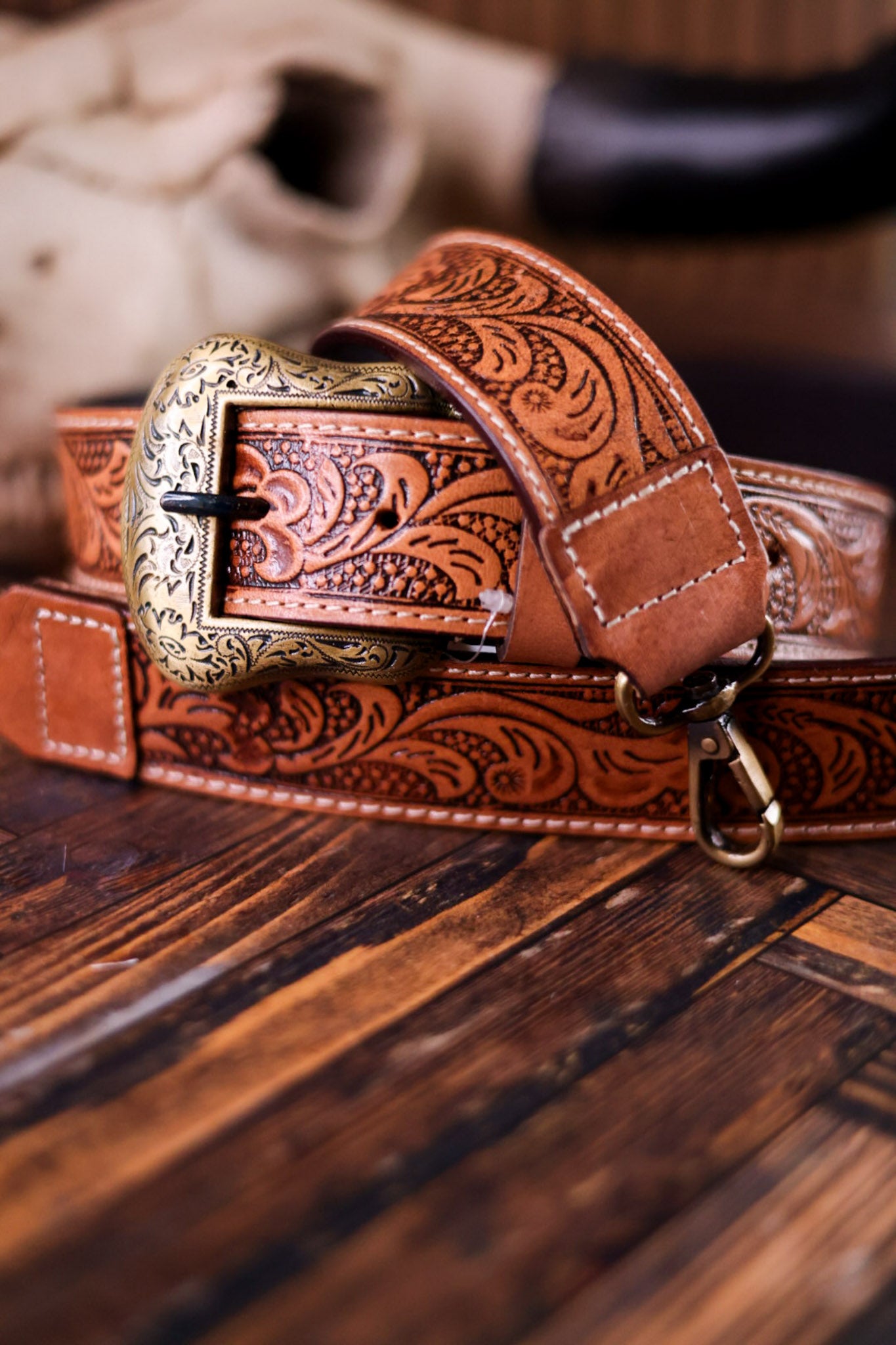 Brown Western Inspired Tooled Leather Purse Strap