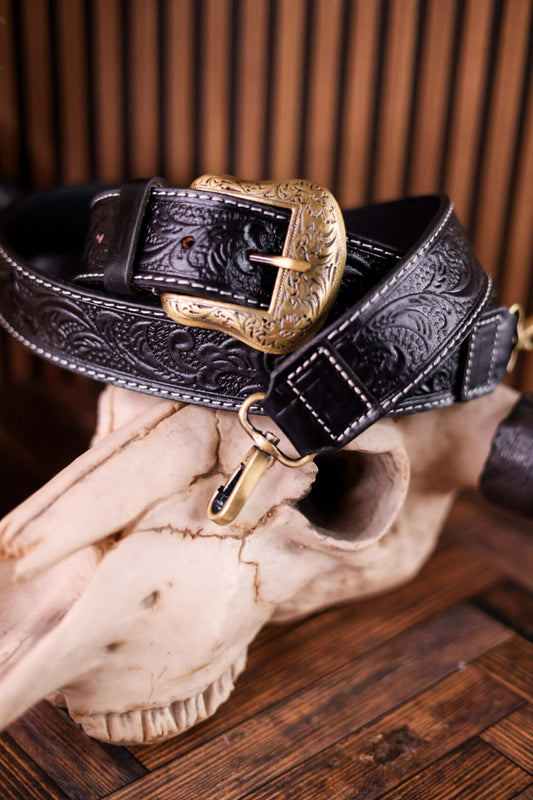 Black Western Inspired Tooled Leather Purse Strap