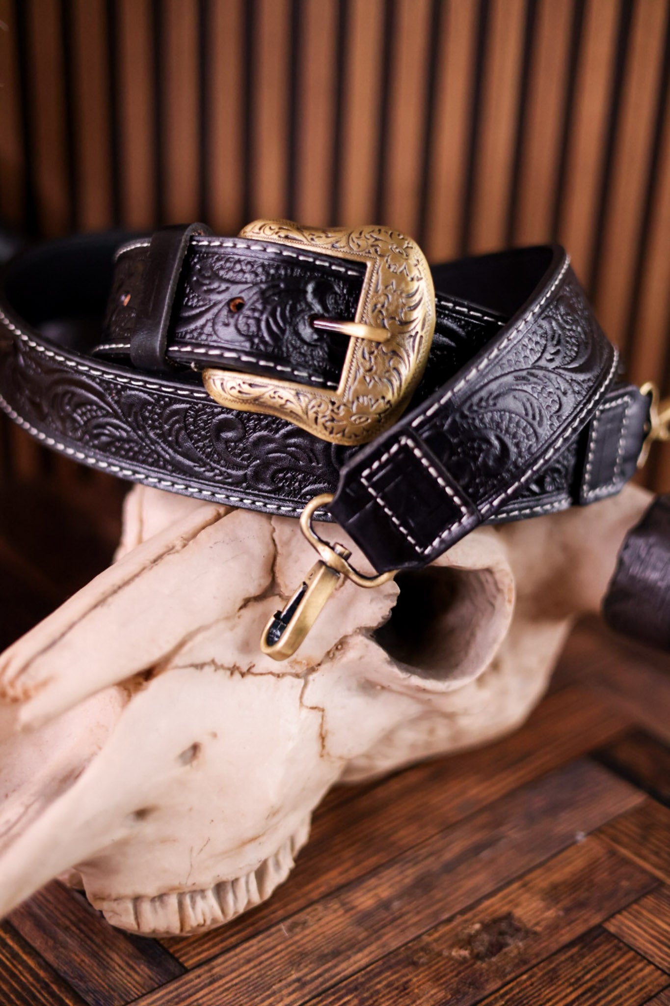 Black Western Inspired Tooled Leather Purse Strap