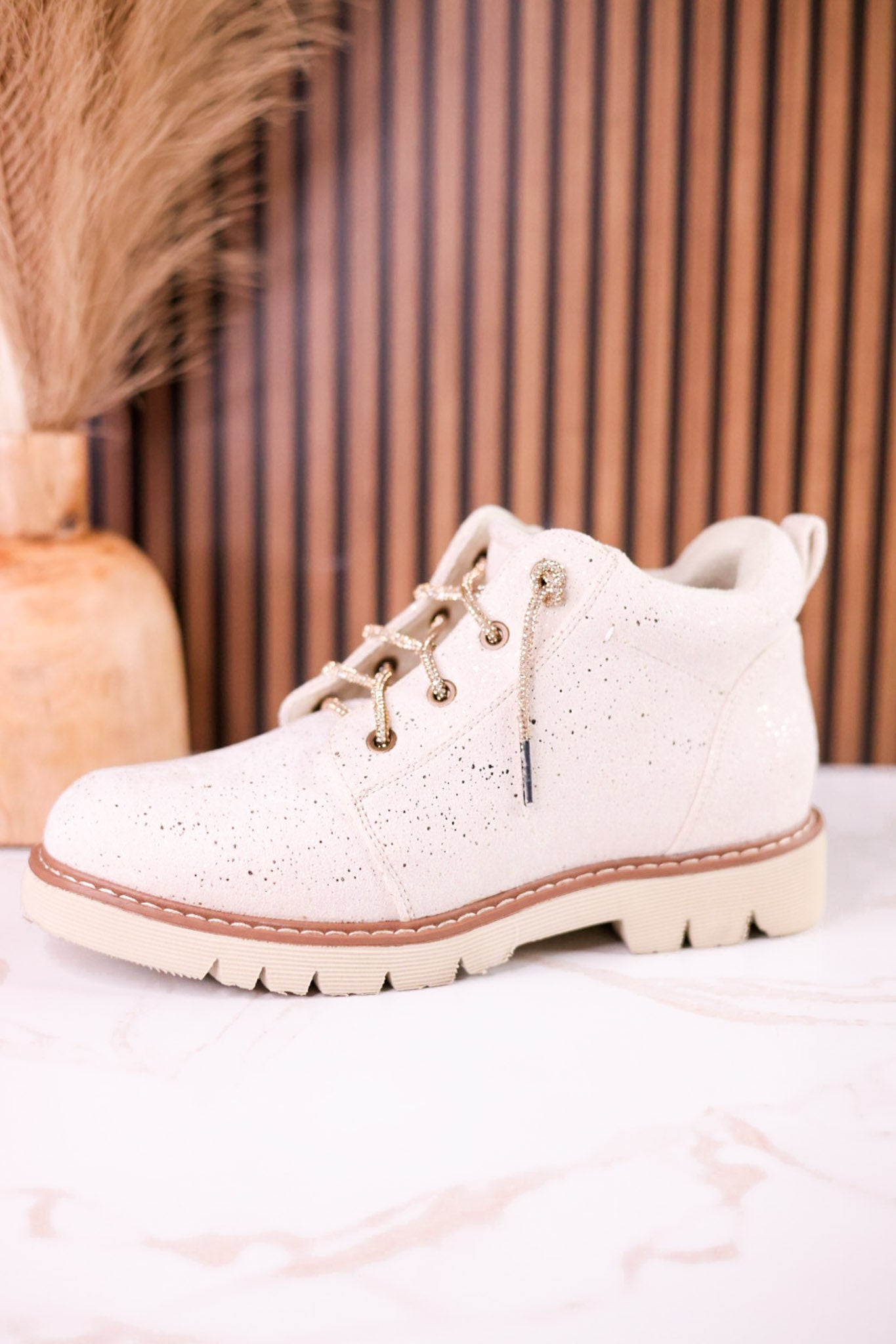 Shimmering Faux Suede Ankle Boots With Rhinestone Laces