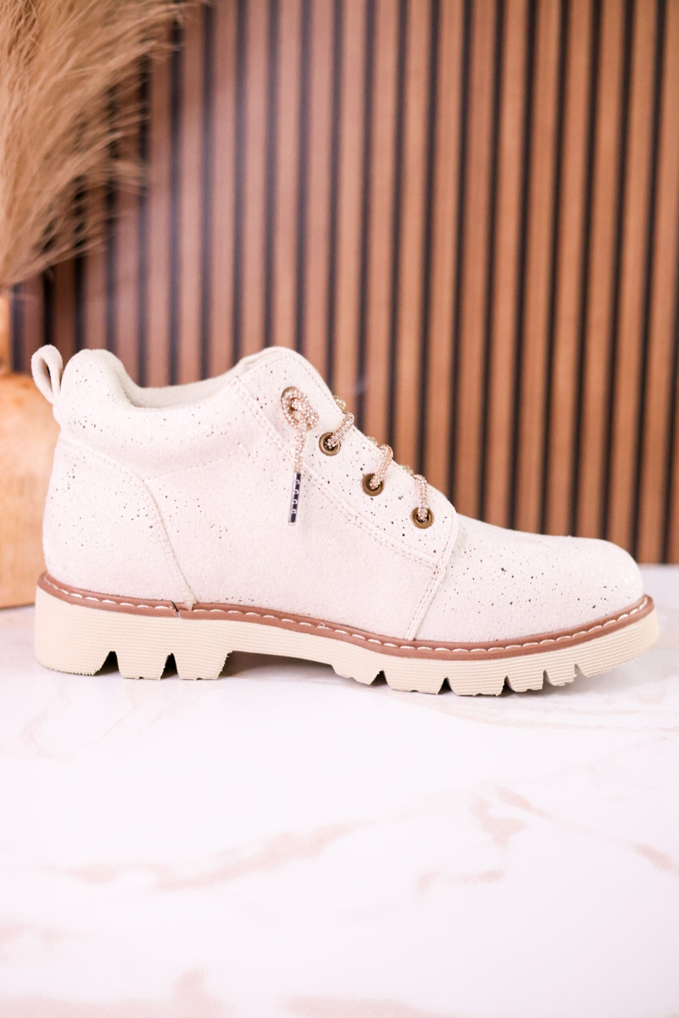 Shimmering Faux Suede Ankle Boots With Rhinestone Laces