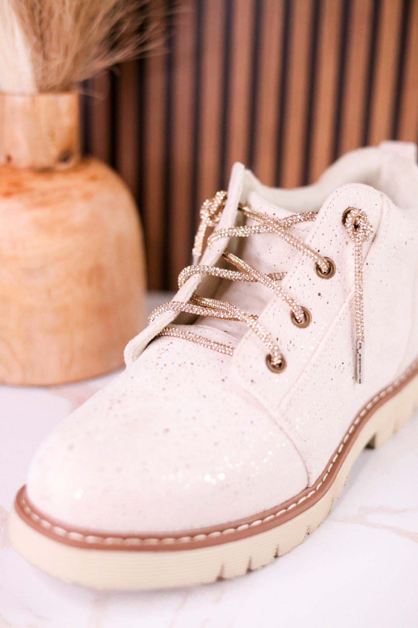 Shimmering Faux Suede Ankle Boots With Rhinestone Laces
