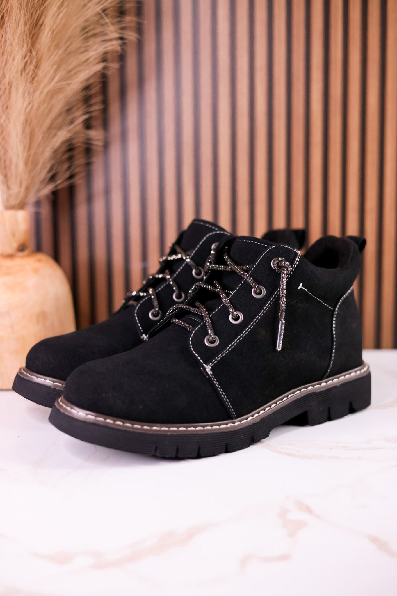 Black Faux Suede Ankle Boots With Rhinestone Laces