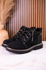 Black Faux Suede Ankle Boots With Rhinestone Laces