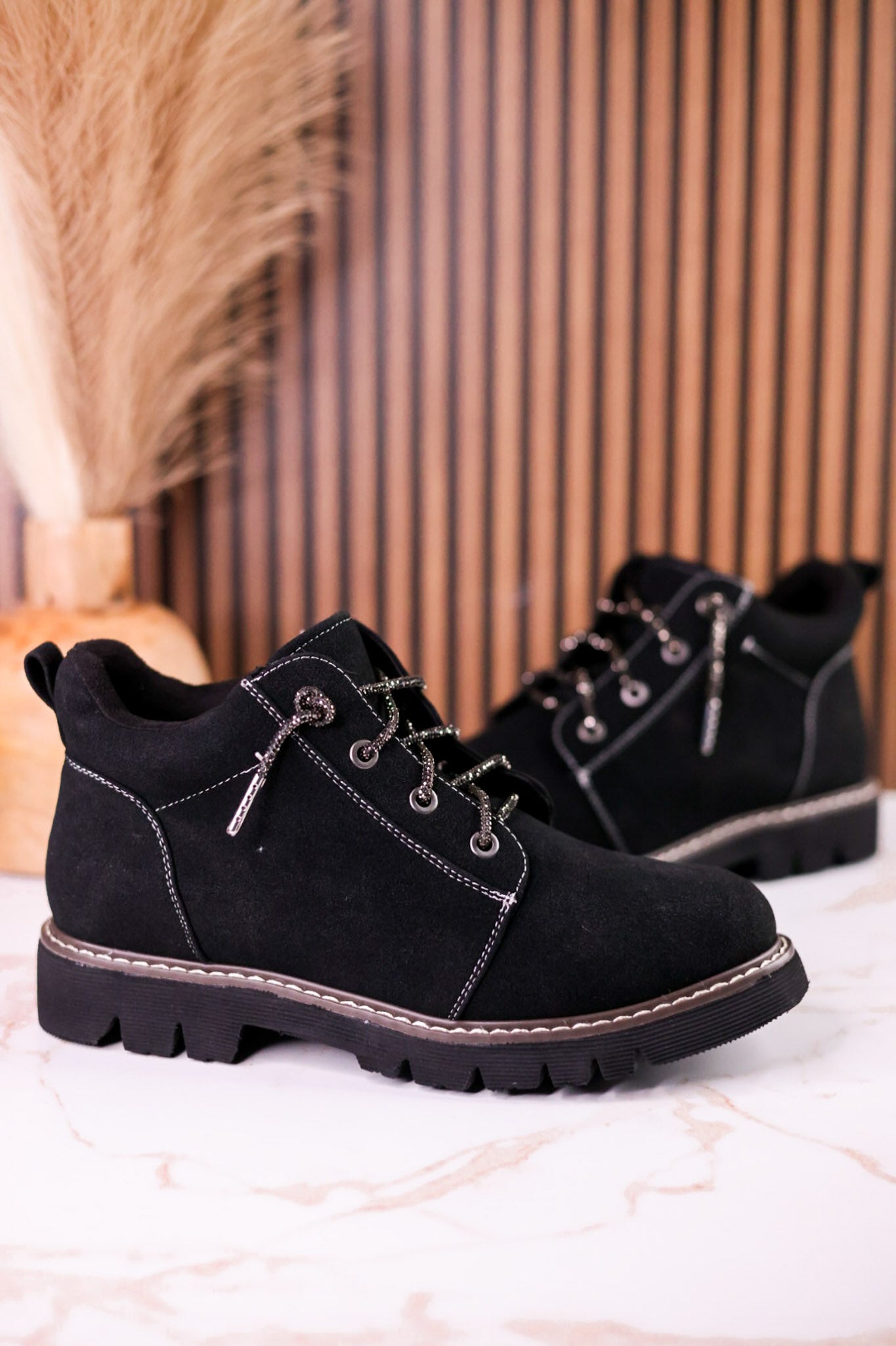 Black Faux Suede Ankle Boots With Rhinestone Laces