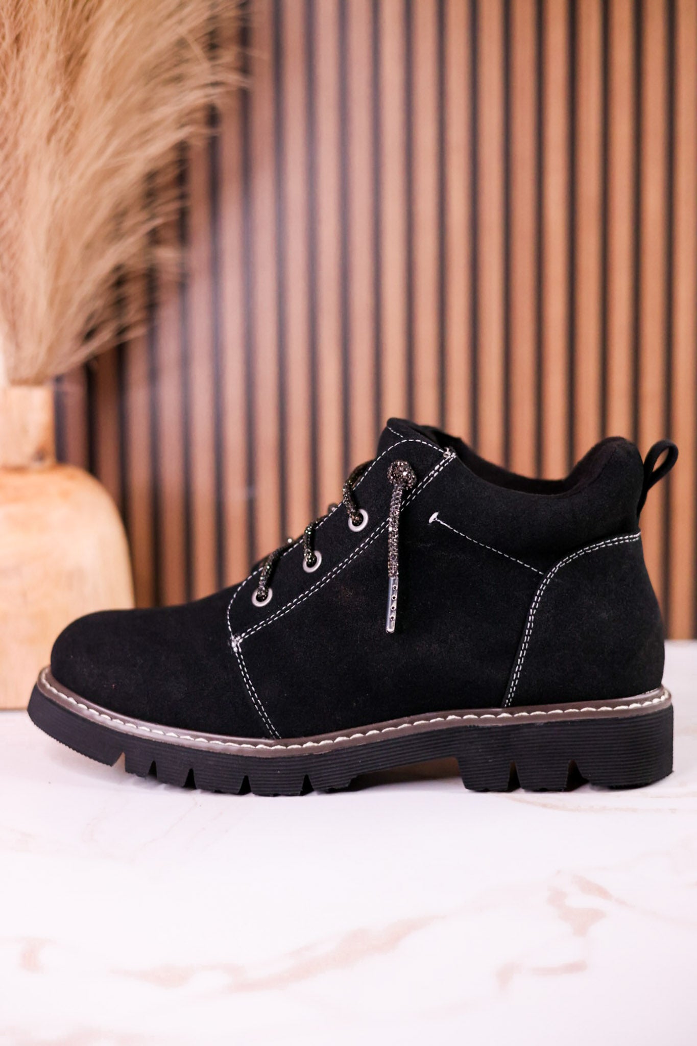 Black Faux Suede Ankle Boots With Rhinestone Laces
