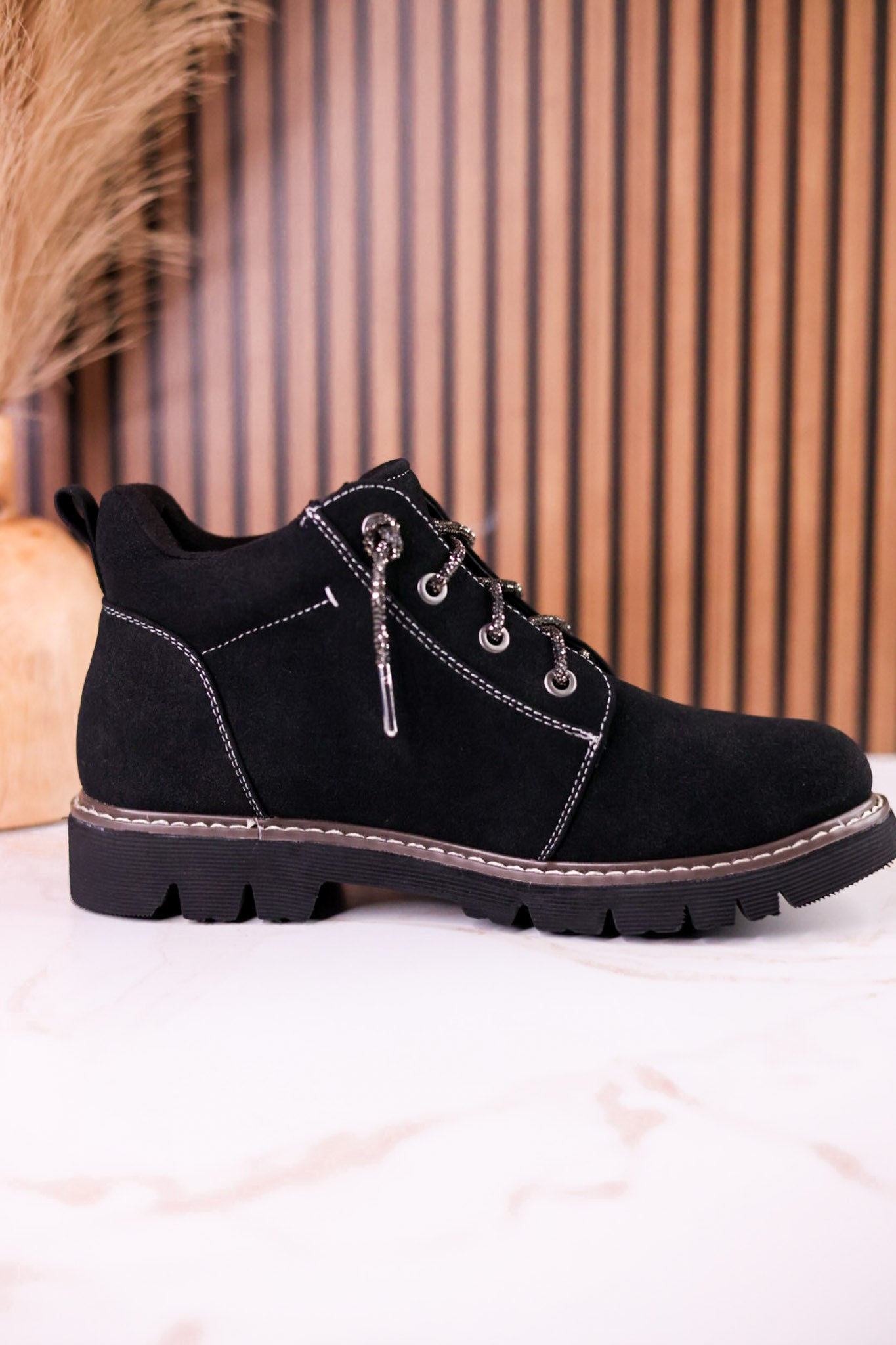 Black Faux Suede Ankle Boots With Rhinestone Laces