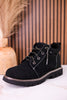 Black Faux Suede Ankle Boots With Rhinestone Laces