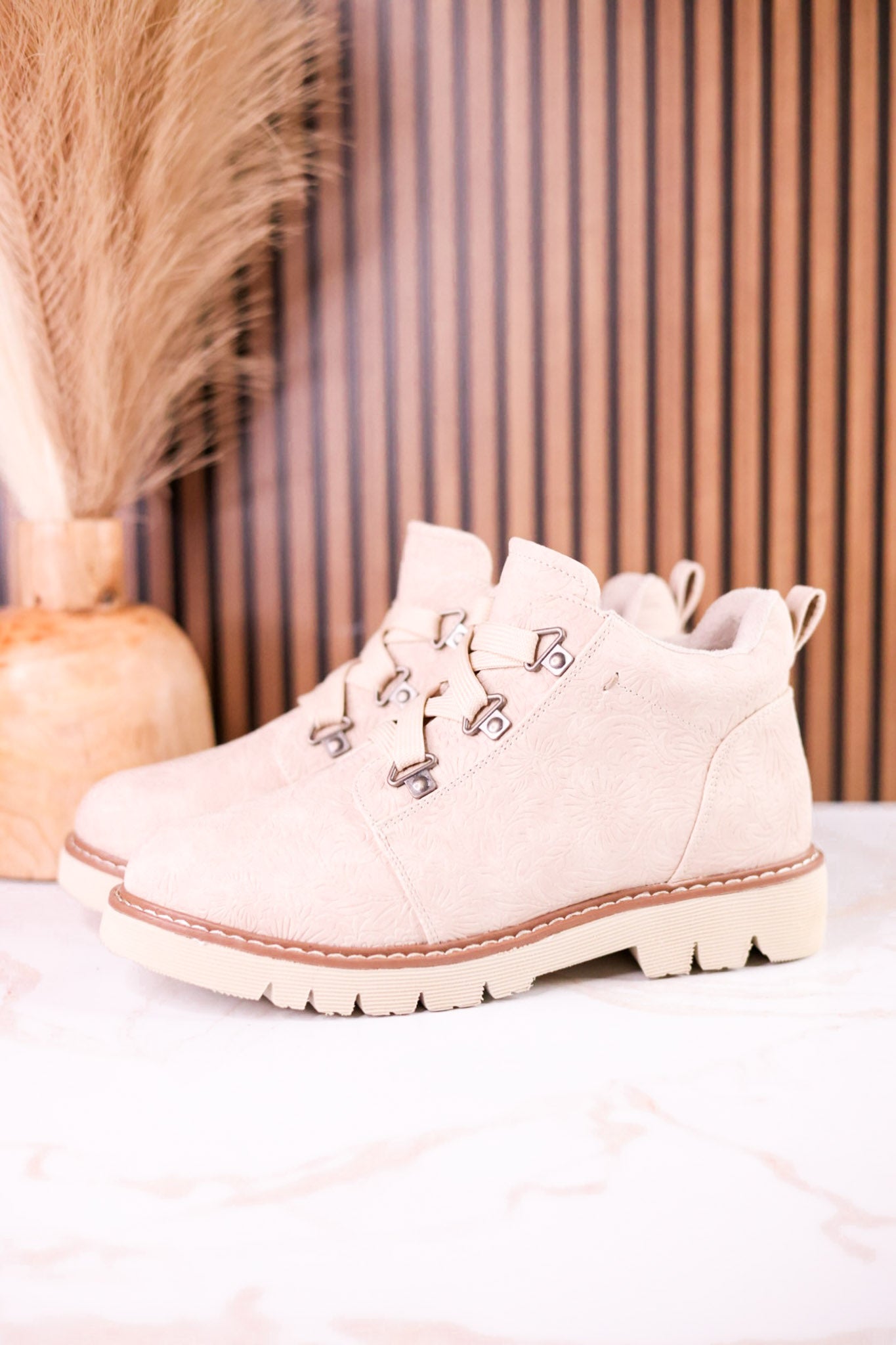 Floral Tooled Faux Leather Ankle Boots In Cream
