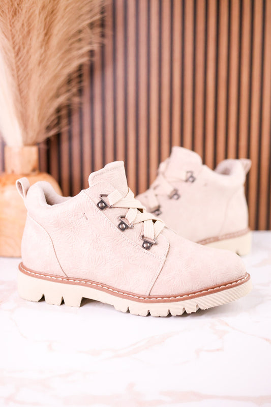 Floral Tooled Faux Leather Ankle Boots In Cream