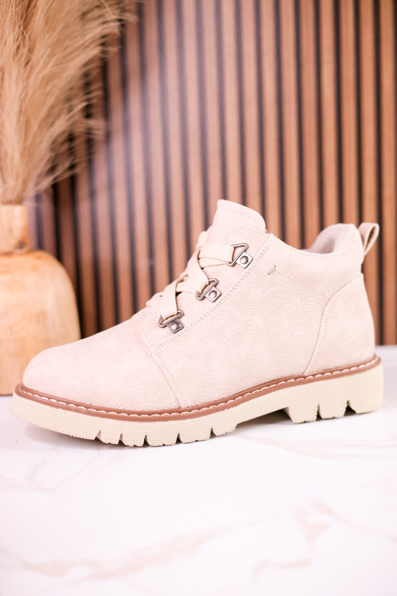 Floral Tooled Faux Leather Ankle Boots In Cream