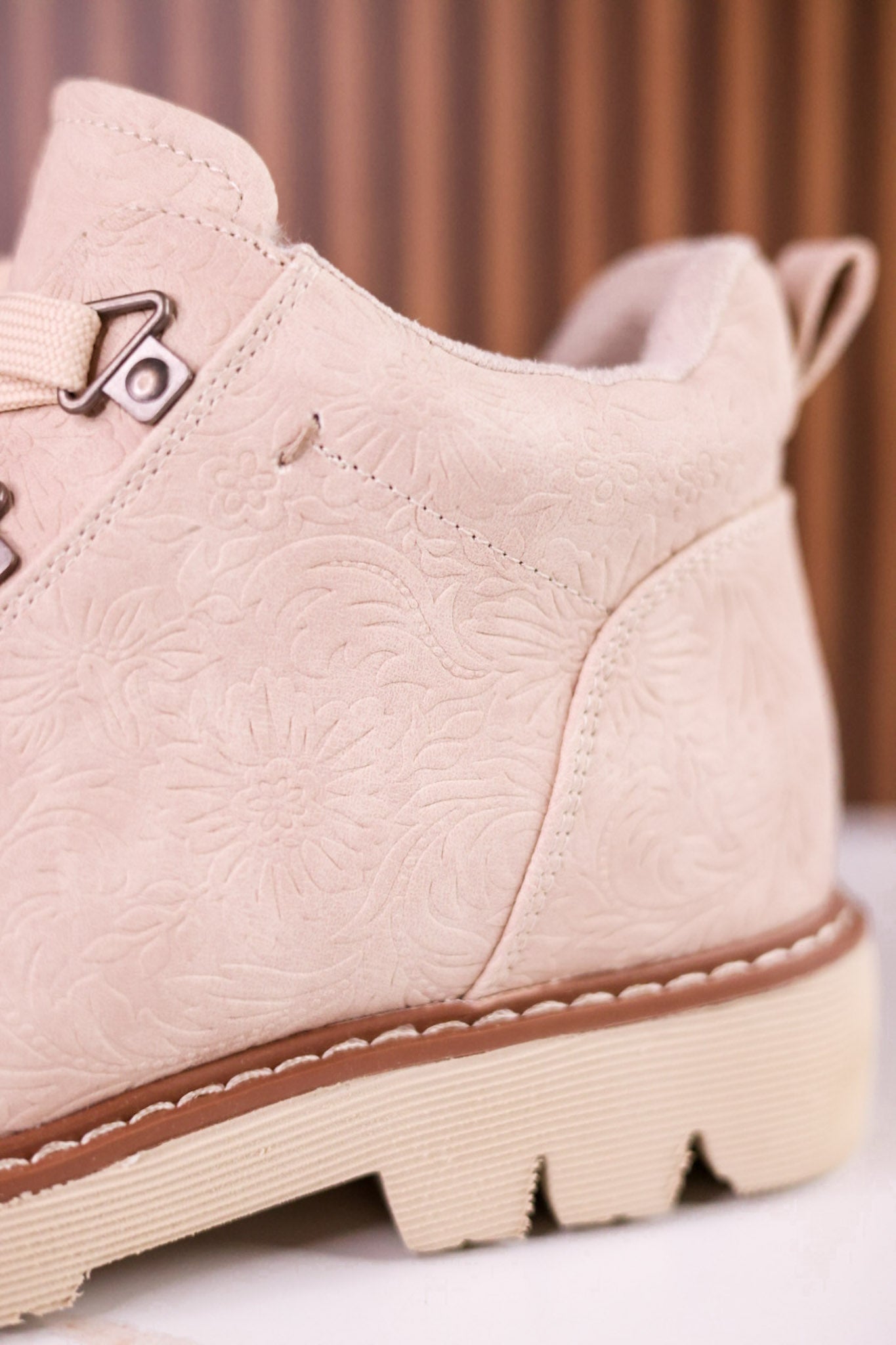 Floral Tooled Faux Leather Ankle Boots In Cream