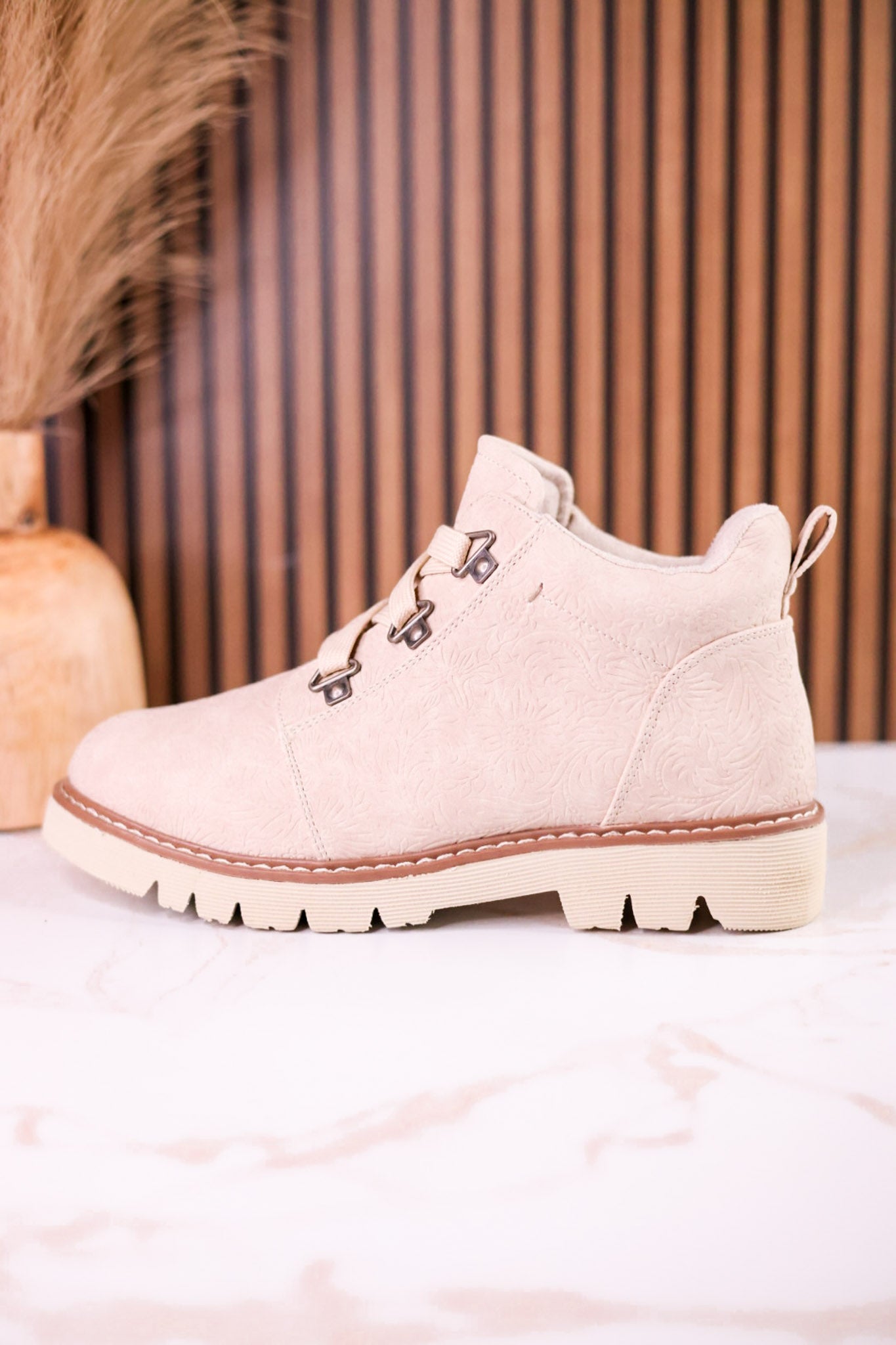 Floral Tooled Faux Leather Ankle Boots In Cream