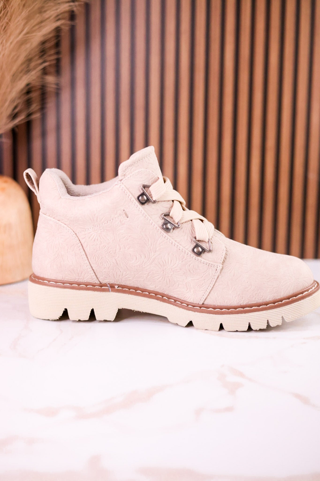 Floral Tooled Faux Leather Ankle Boots In Cream