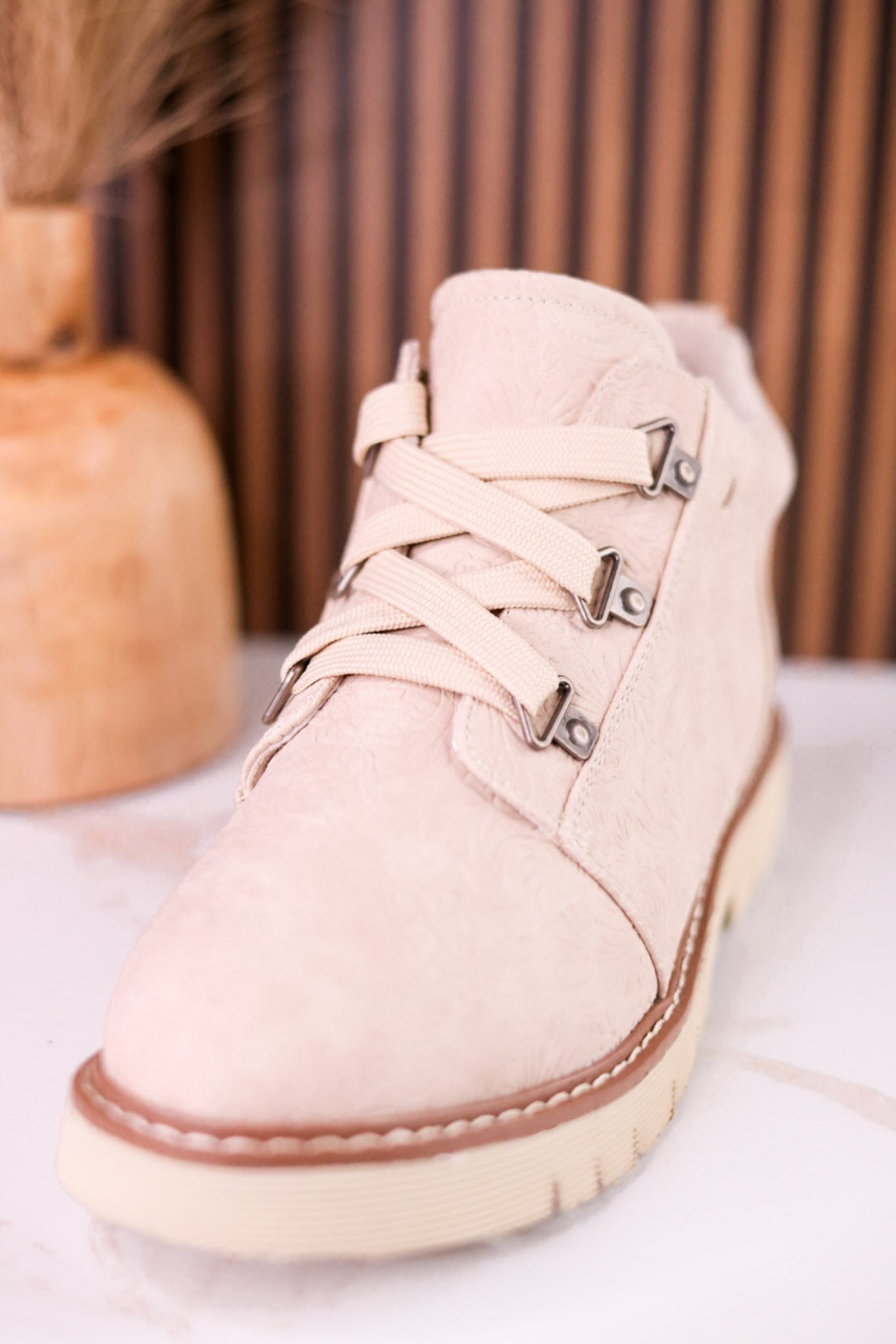 Floral Tooled Faux Leather Ankle Boots In Cream