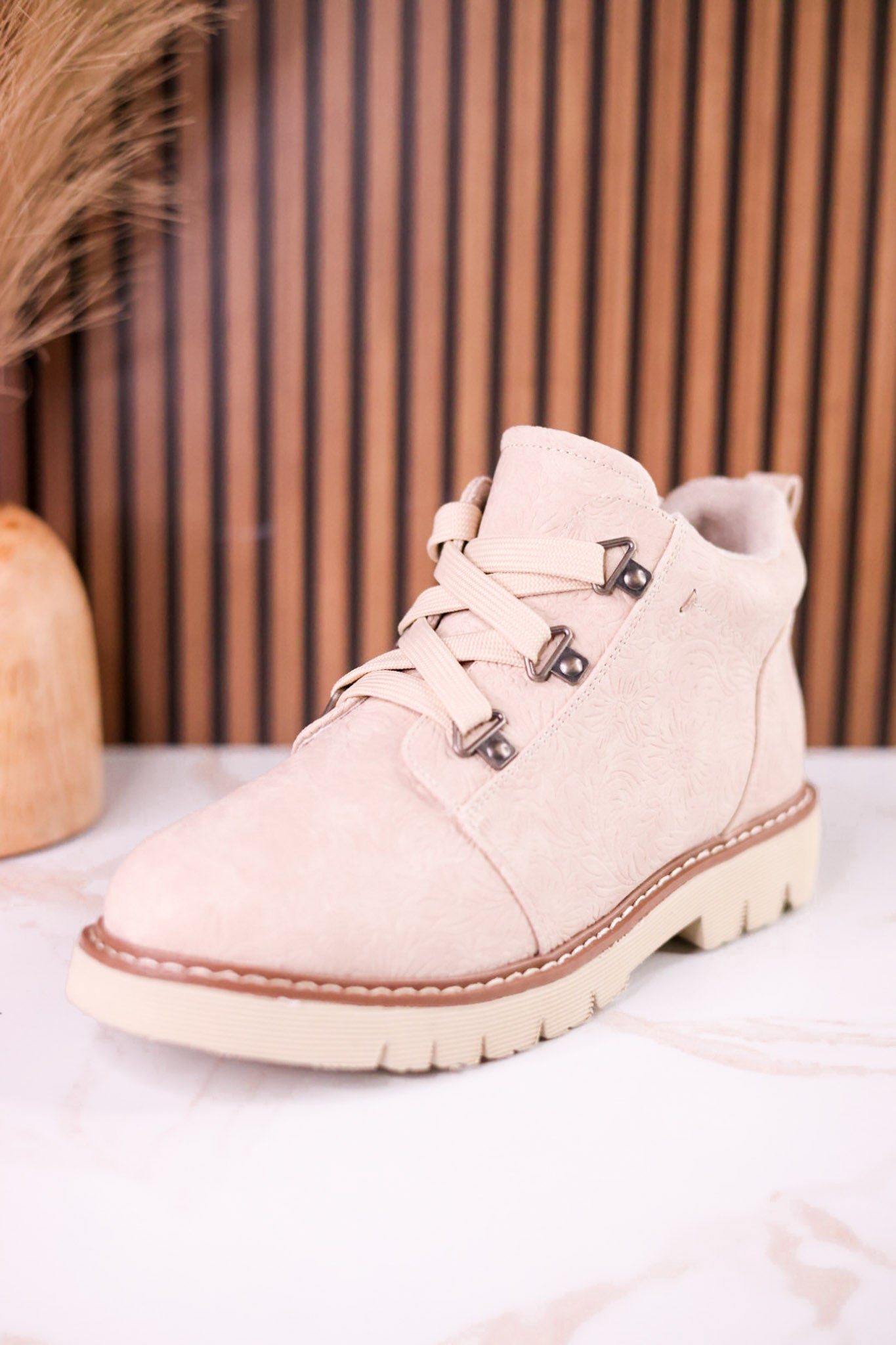 Floral Tooled Faux Leather Ankle Boots In Cream