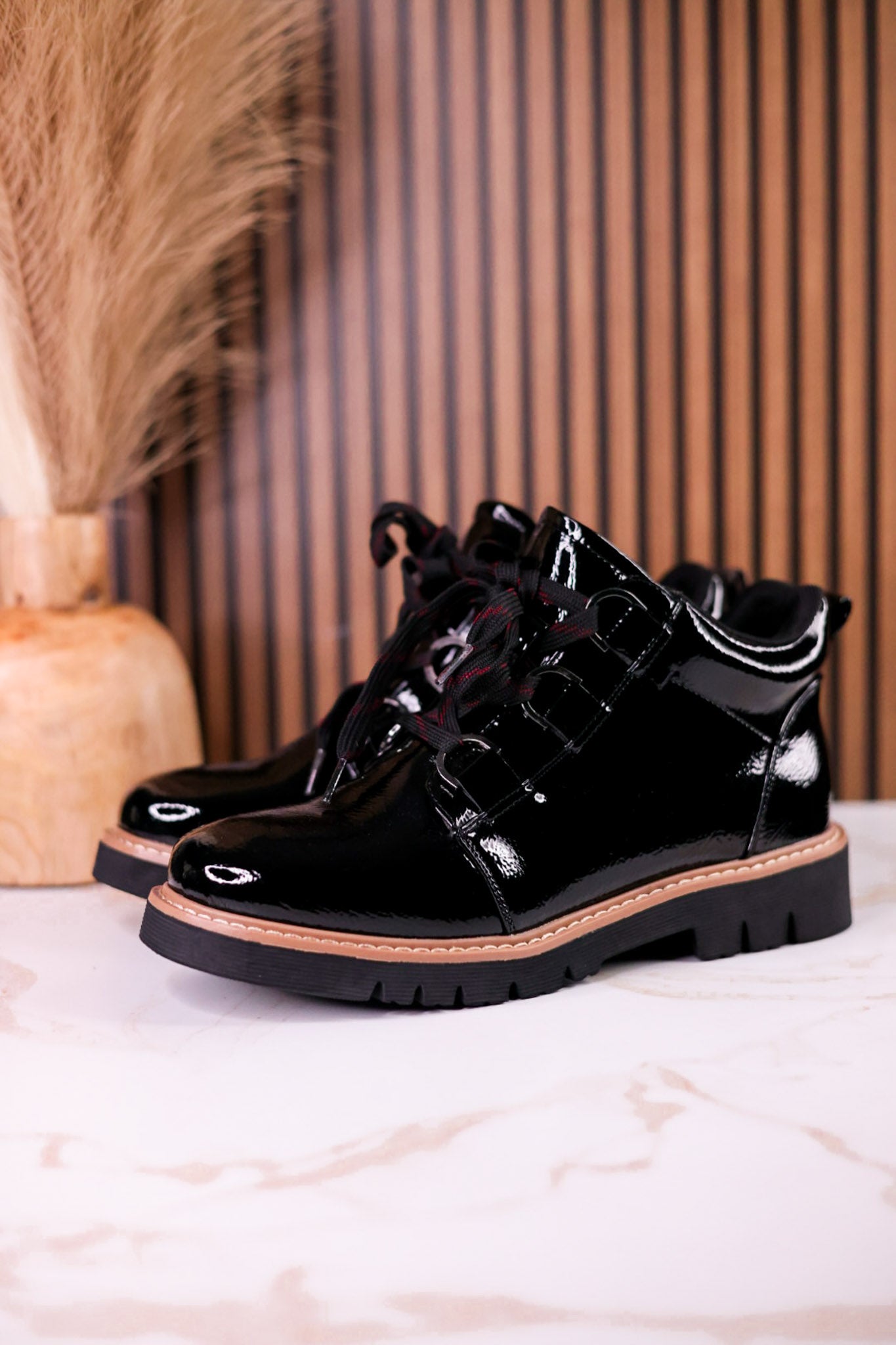 Black Crinkle Patent Leather Booties