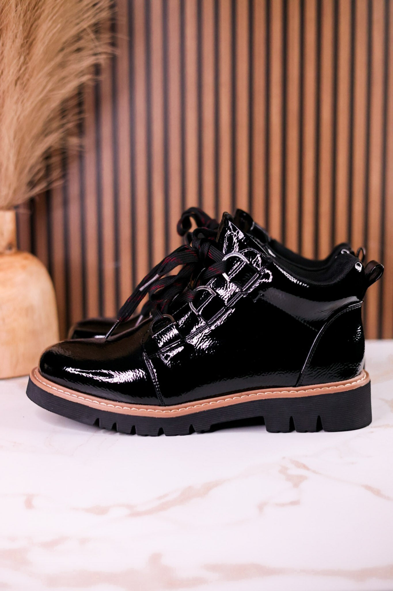 Black Crinkle Patent Leather Booties