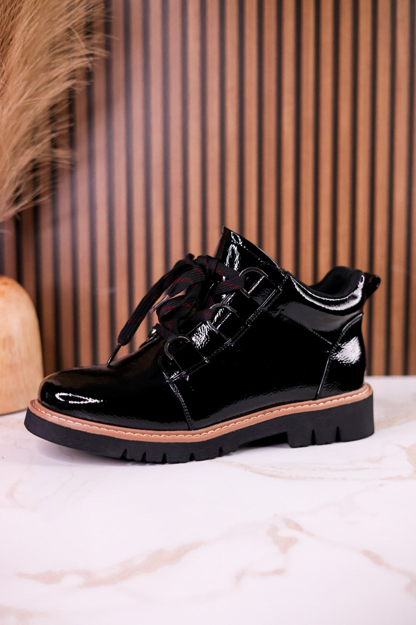 Black Crinkle Patent Leather Booties
