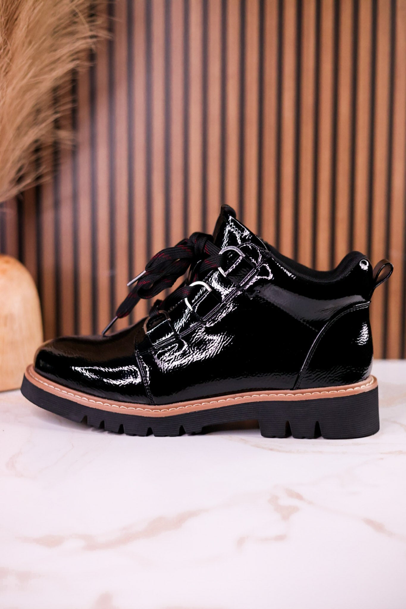 Black Crinkle Patent Leather Booties