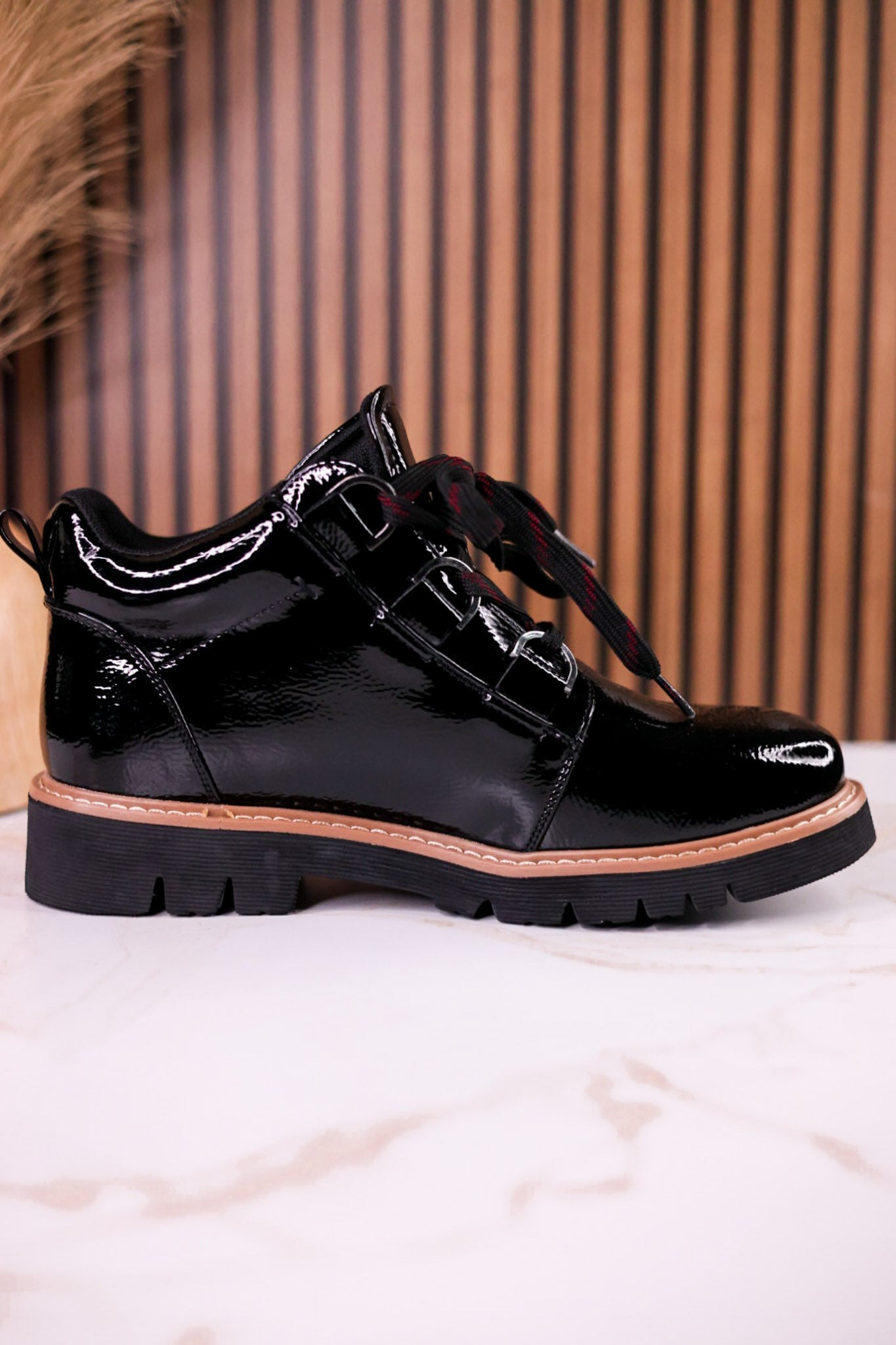Black Crinkle Patent Leather Booties