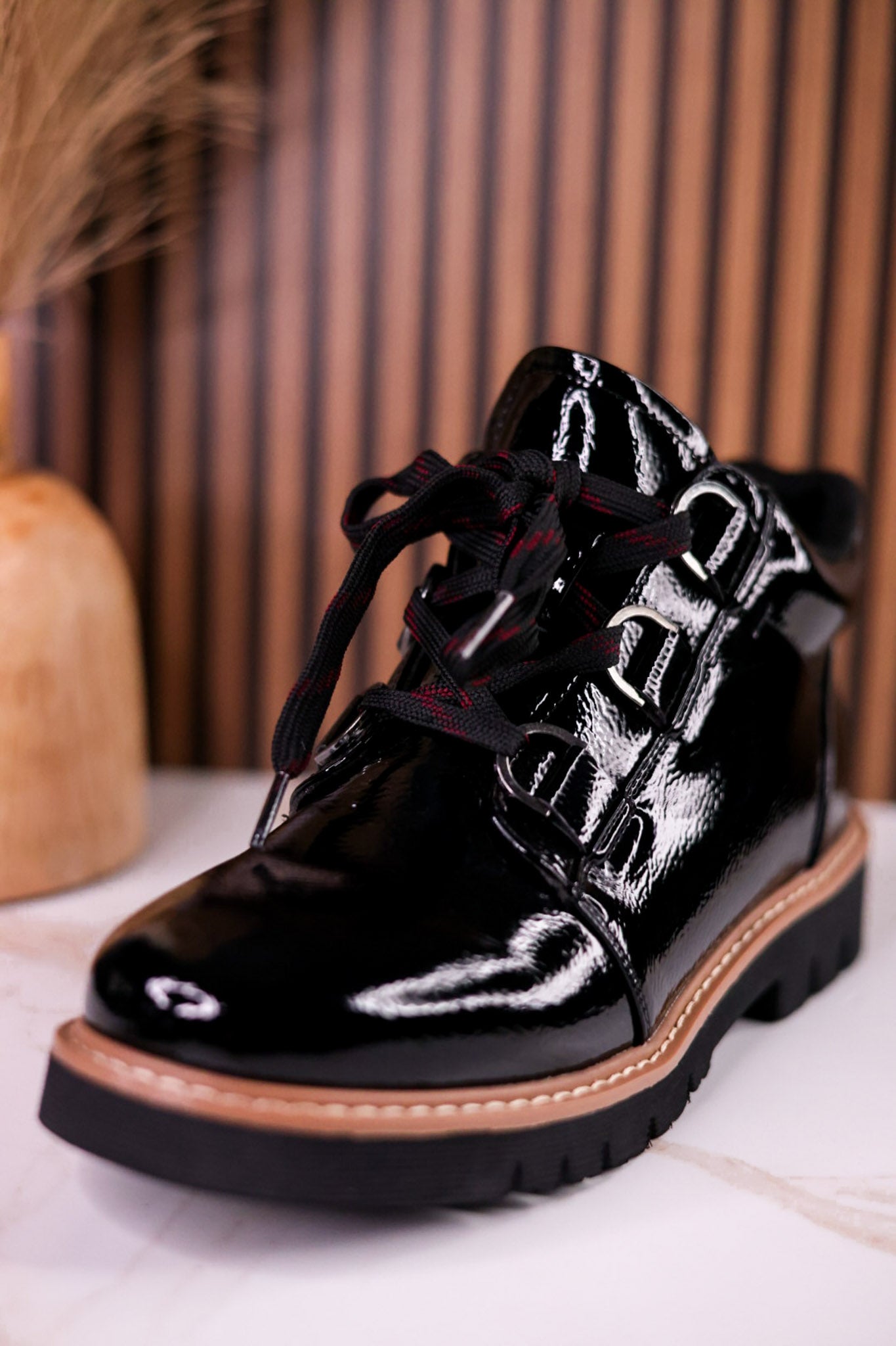 Black Crinkle Patent Leather Booties
