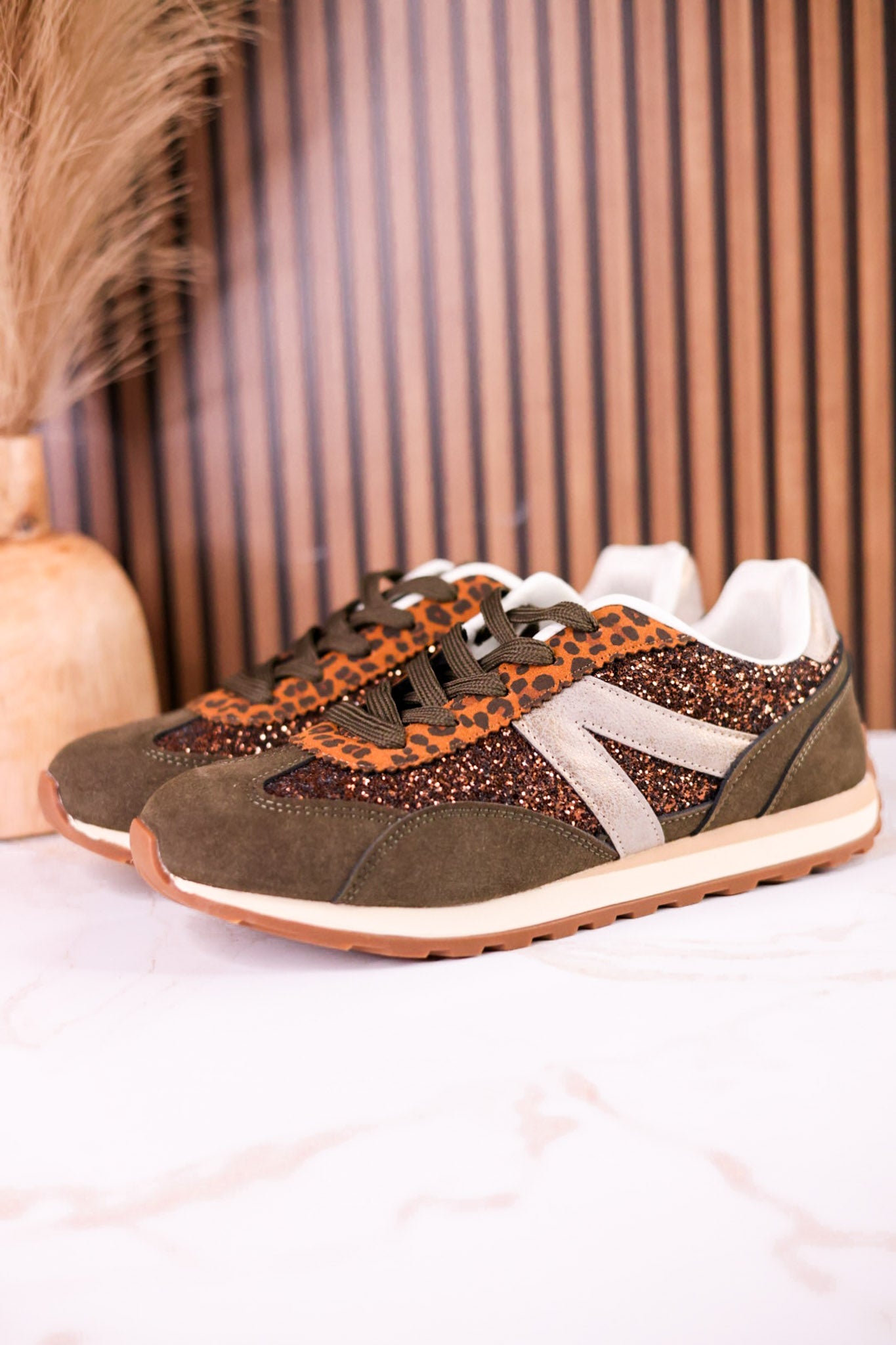Olive & Brown Sneakers With Leopard Print & Glitter Accents