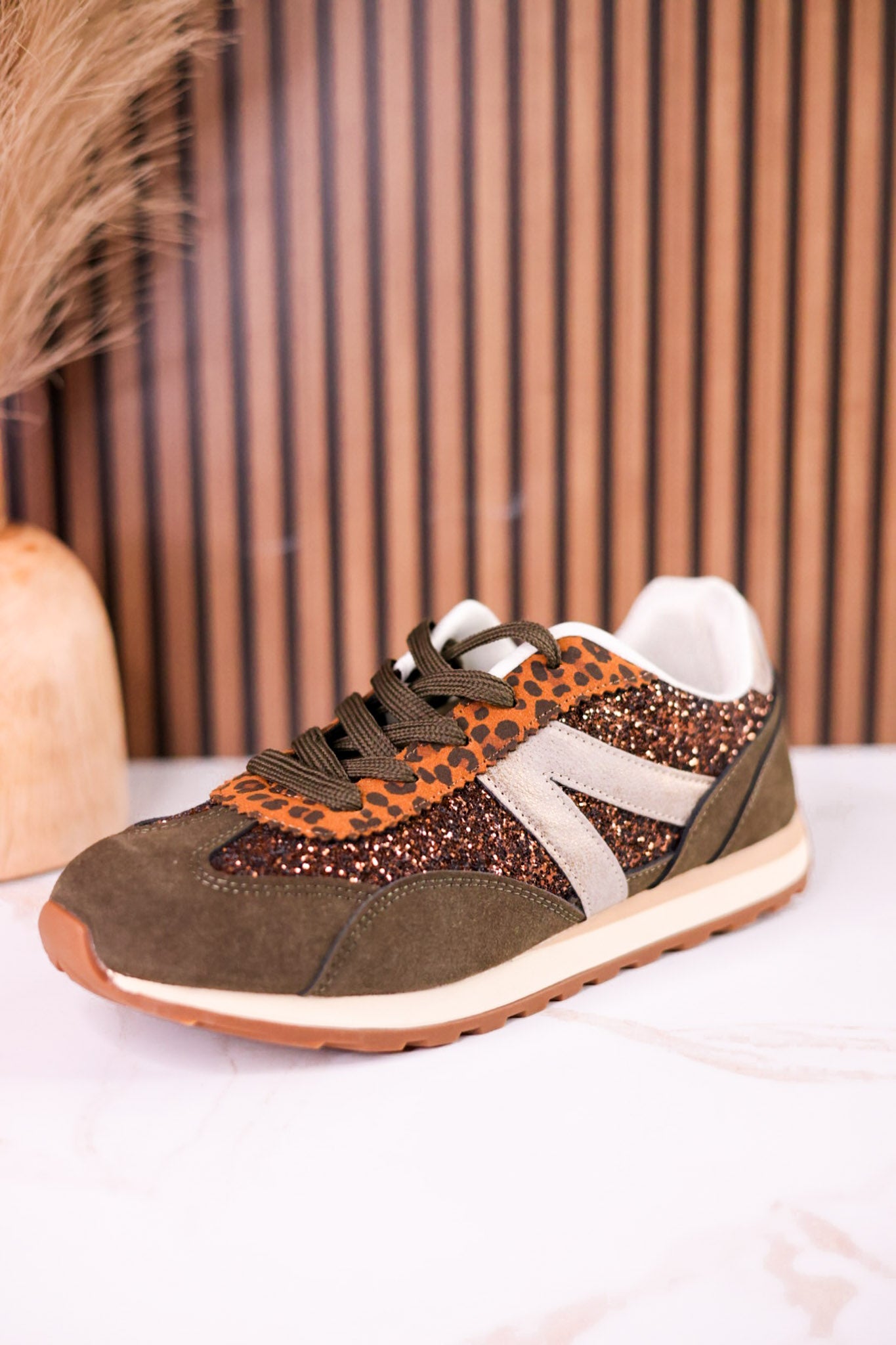 Olive & Brown Sneakers With Leopard Print & Glitter Accents