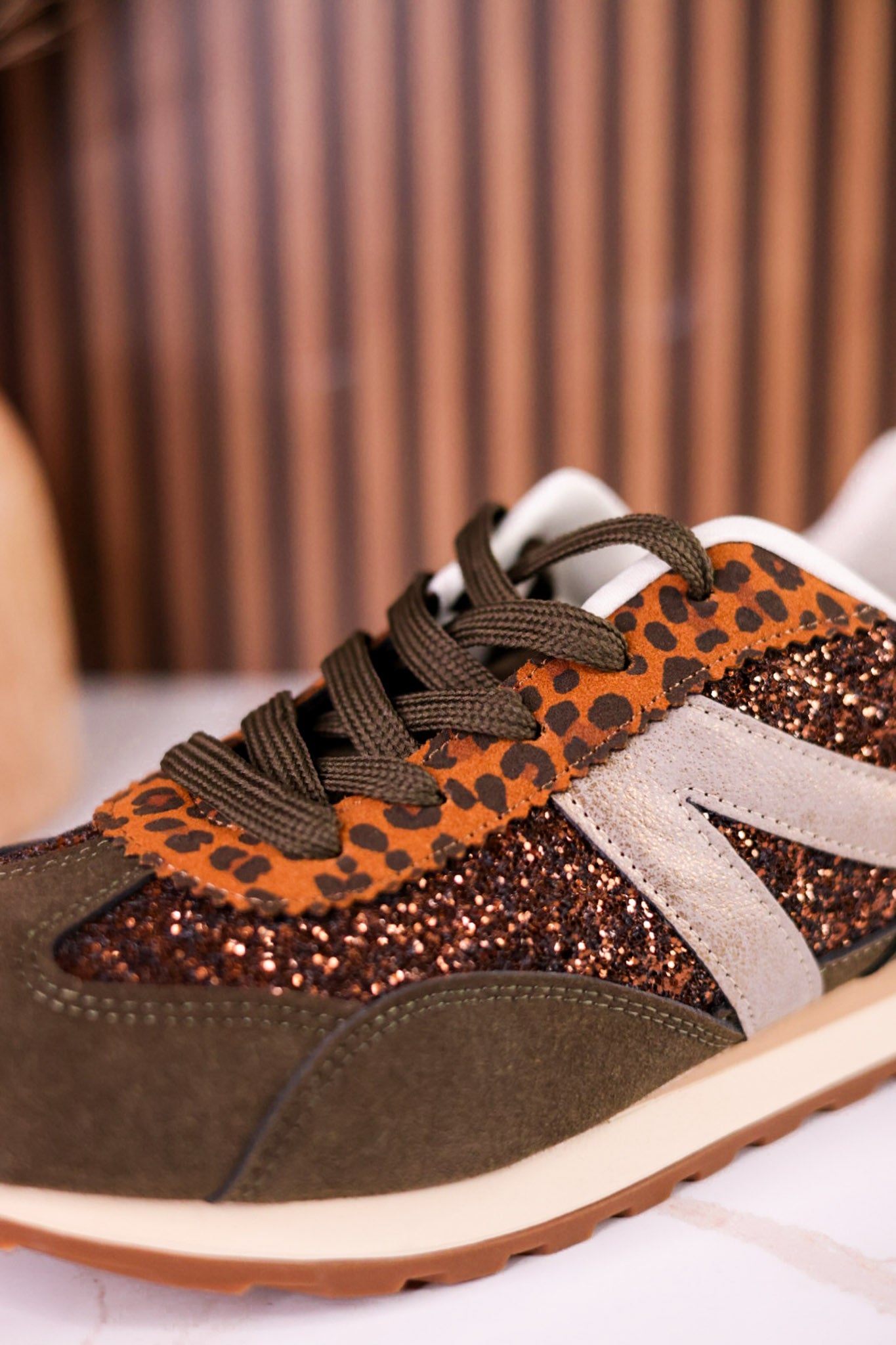Olive & Brown Sneakers With Leopard Print & Glitter Accents
