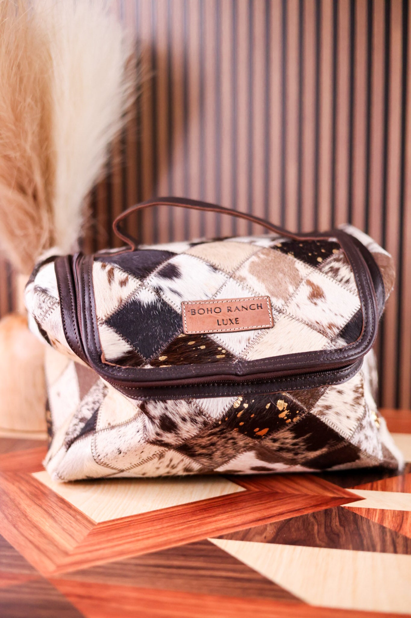 Travel Toiletry Bag in Brown Hair-On Leather