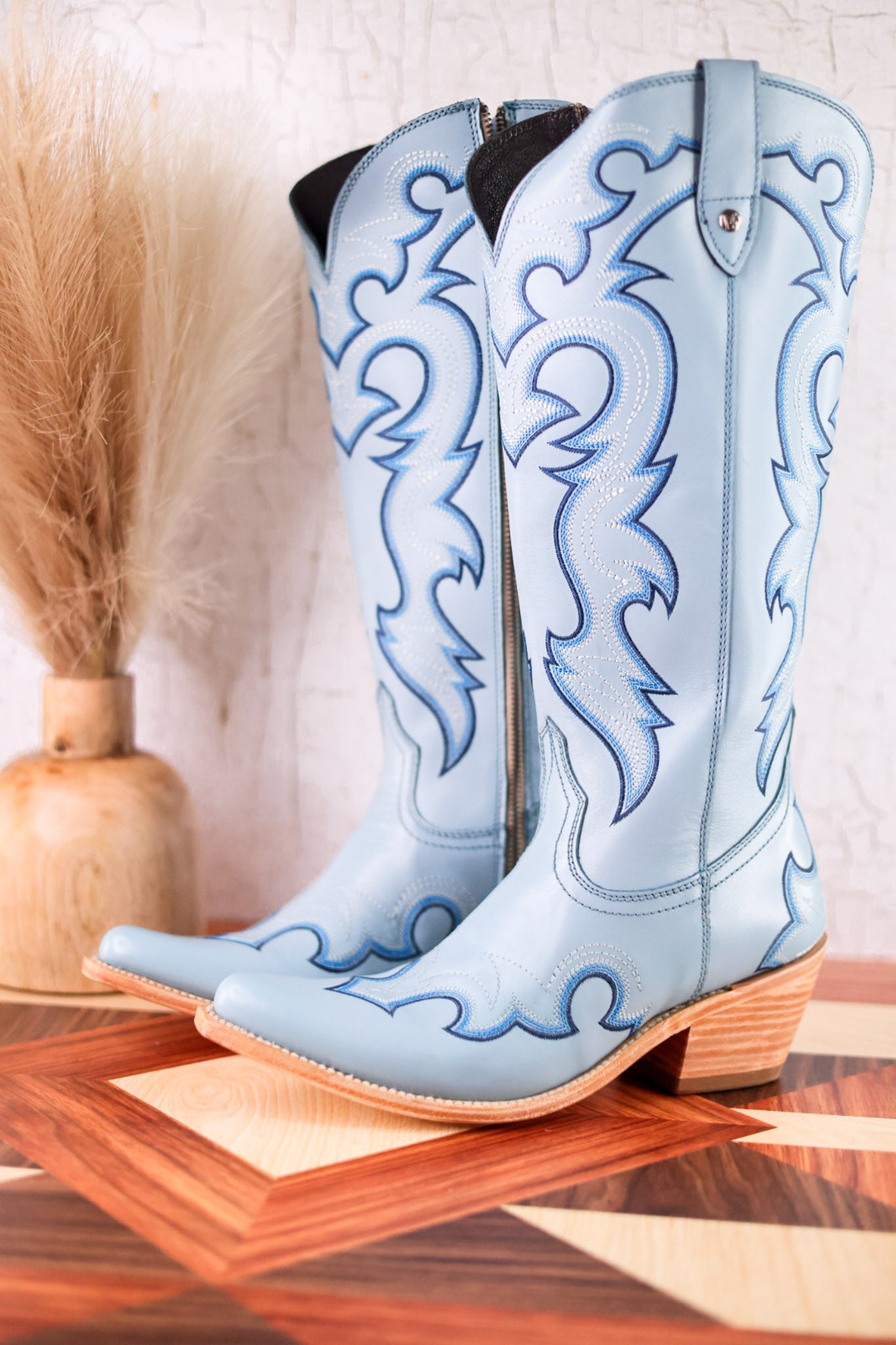 Missouri Pastel Azul Boot Stitch Wide Calf Leather Boots