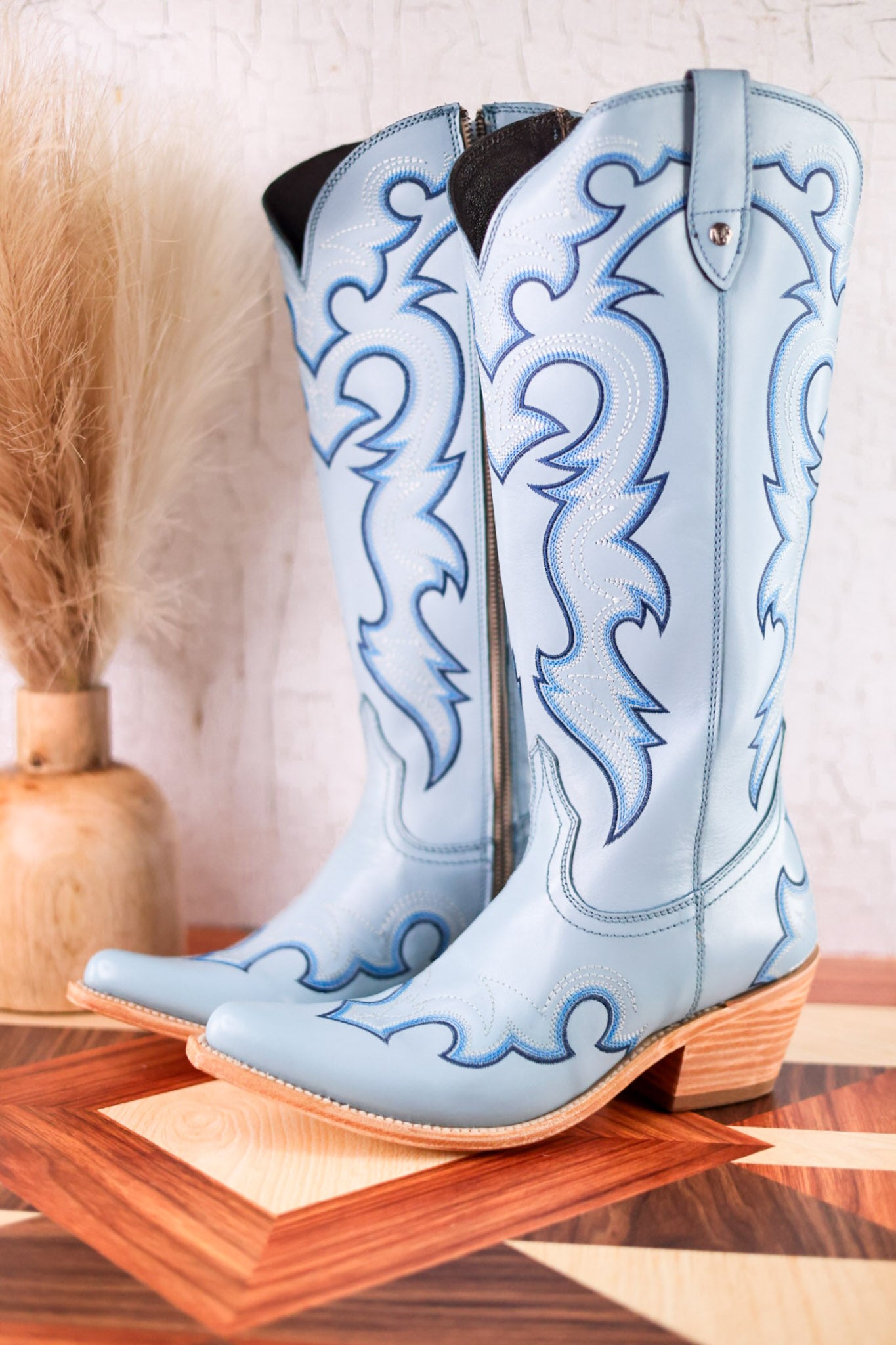Missouri Pastel Azul Boot Stitch Wide Calf Leather Boots Whiskey