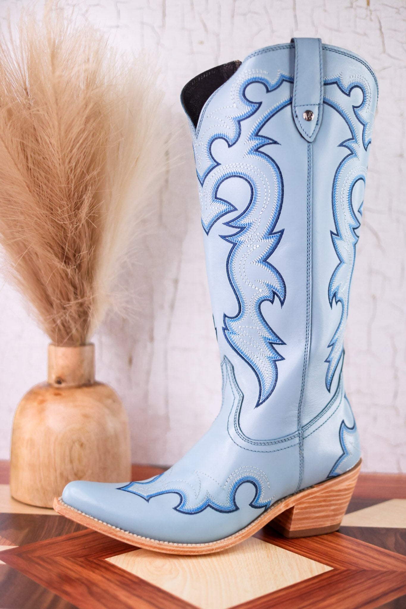 Missouri Pastel Azul Boot Stitch Wide Calf Leather Boots
