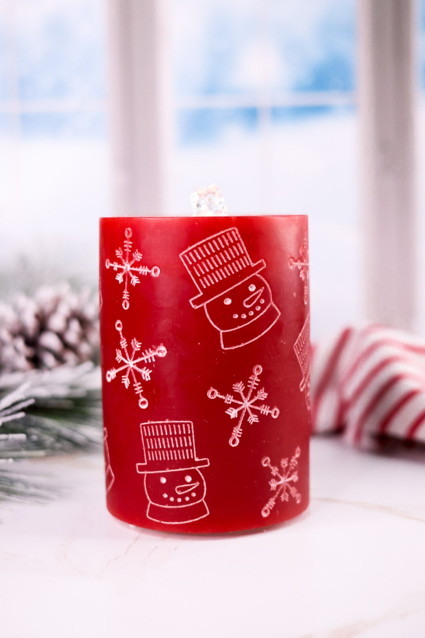 Red Snowman Patterned LED Water Fountain Candle