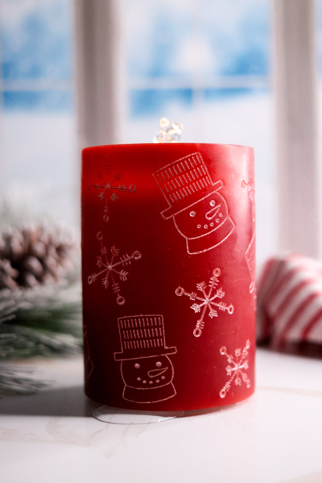 Red Snowman Patterned LED Water Fountain Candle