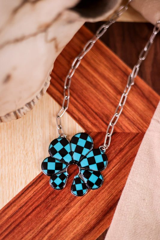 Black and Turquoise Checkered Squash Blossom Necklace