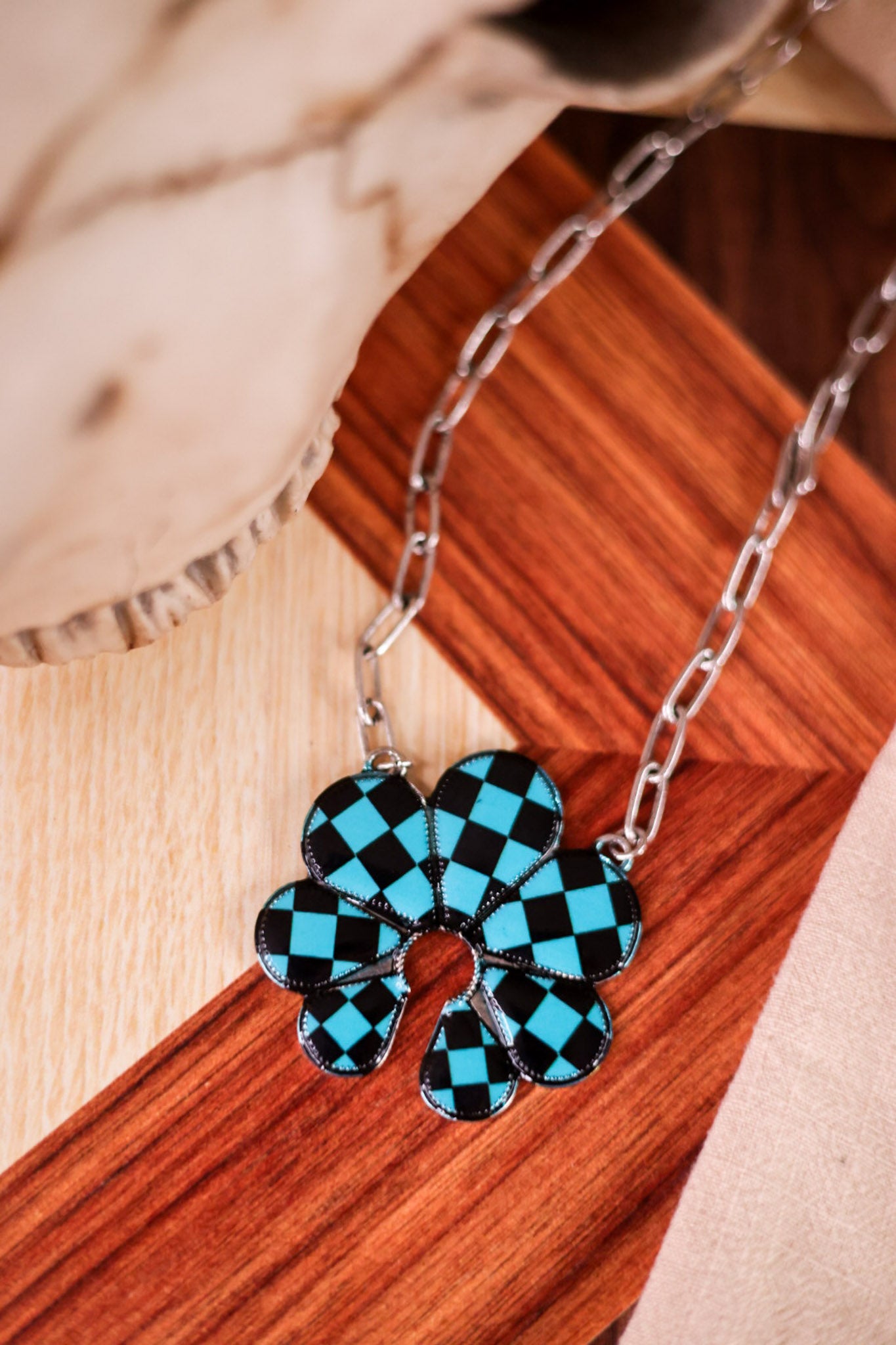 Black and Turquoise Checkered Squash Blossom Necklace