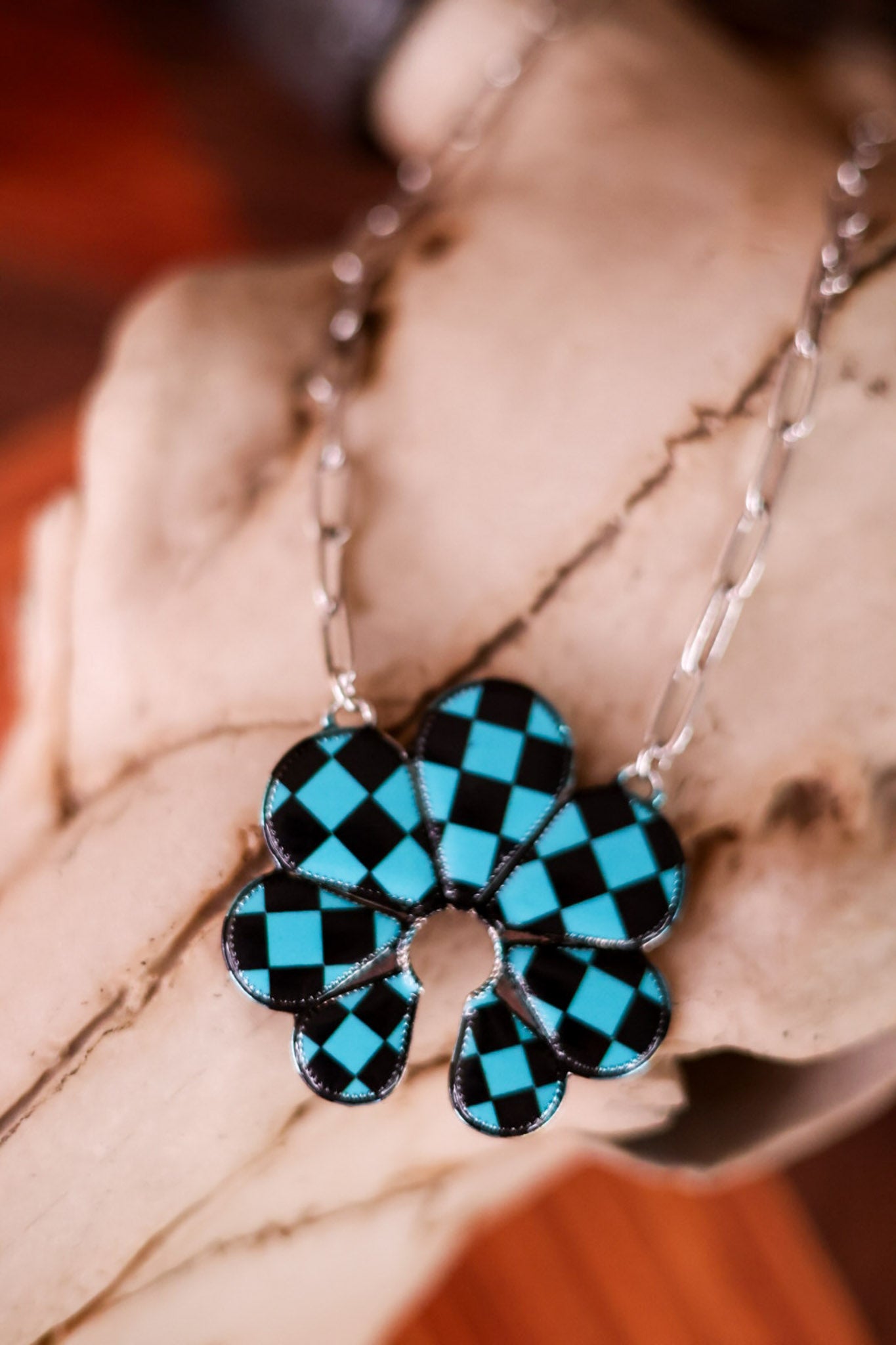 Black and Turquoise Checkered Squash Blossom Necklace