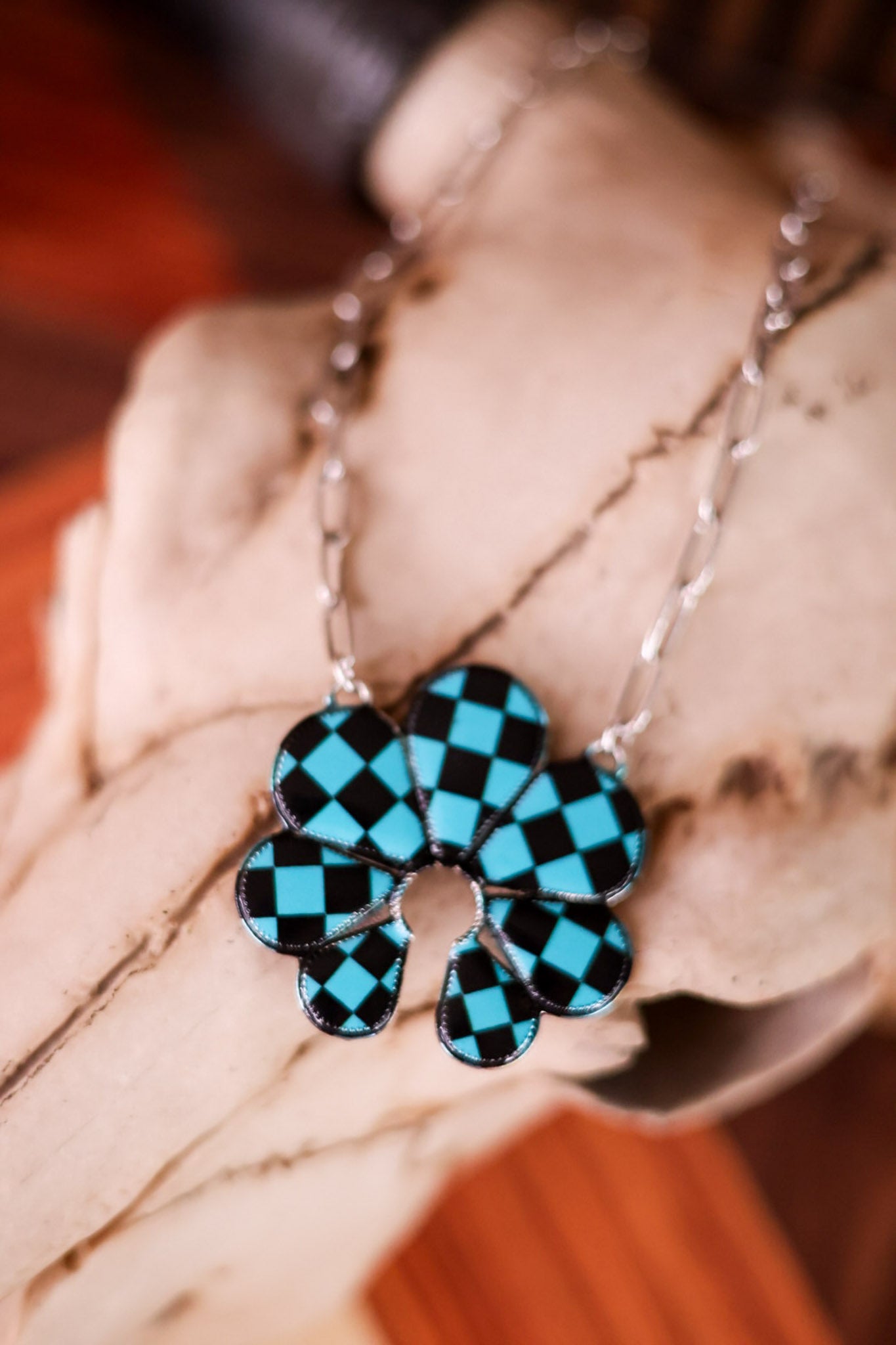 Black and Turquoise Checkered Squash Blossom Necklace