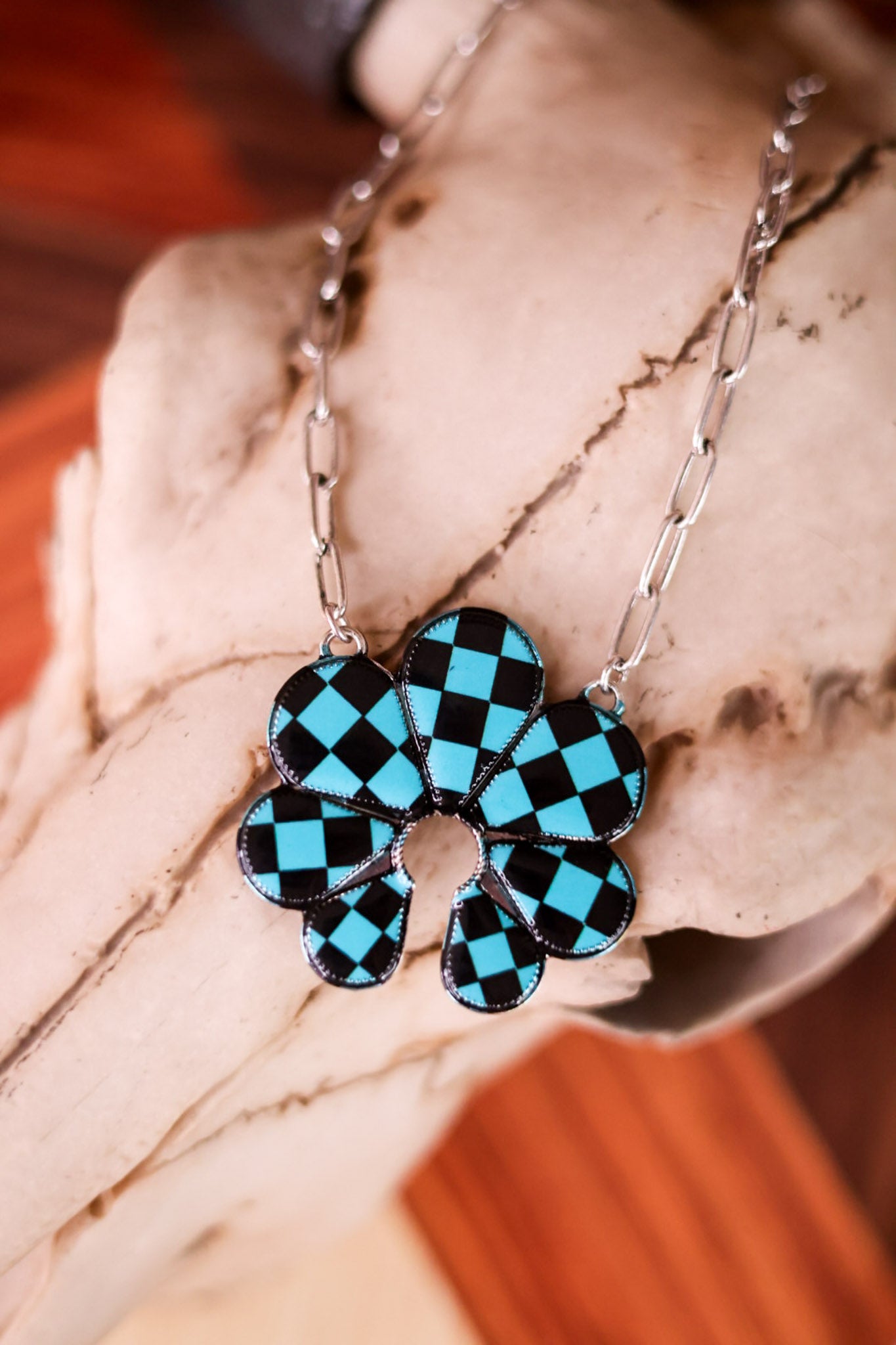 Black and Turquoise Checkered Squash Blossom Necklace