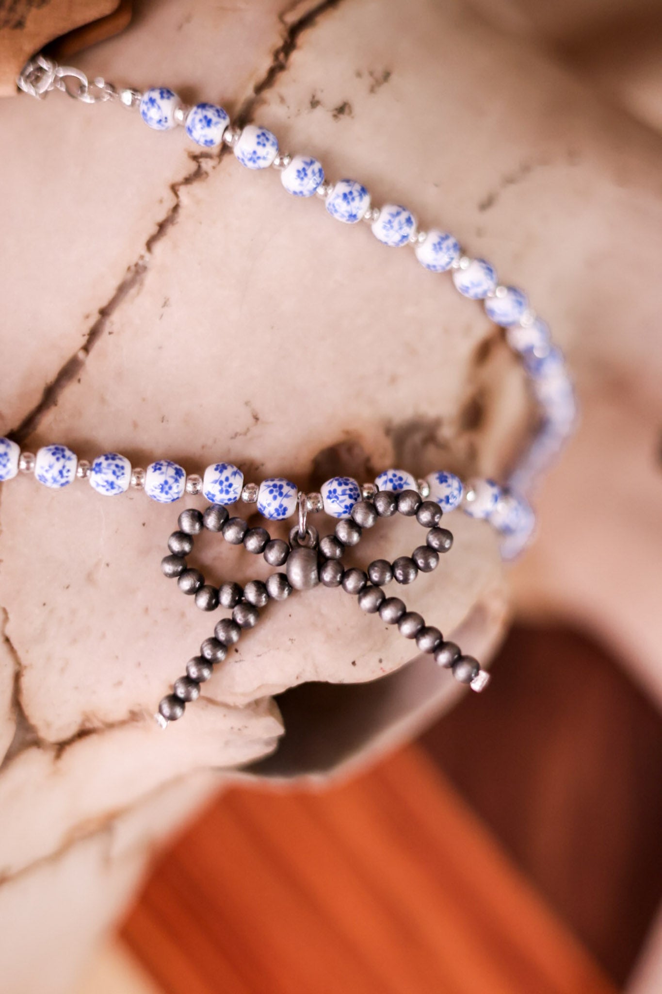 Blue Floral Bead Necklace with Cowgirl Pearl Bow Whiskey Skies