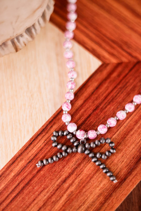 Pink Floral Bead Necklace with Cowgirl Pearl Bow Pendant