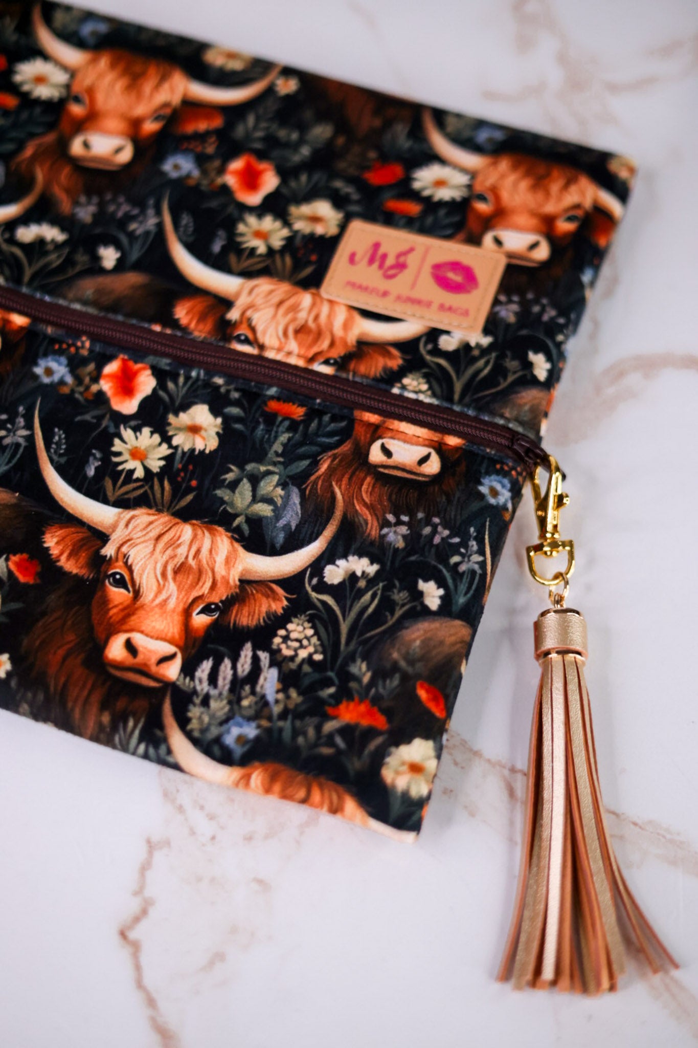 "Prairie" Highland Cow Print Makeup Bag