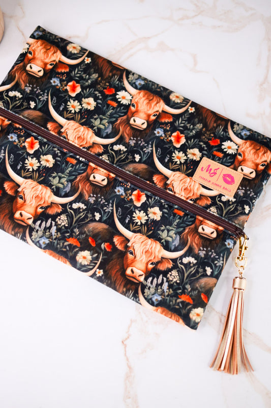 "Prairie" Highland Cow Print Makeup Bag