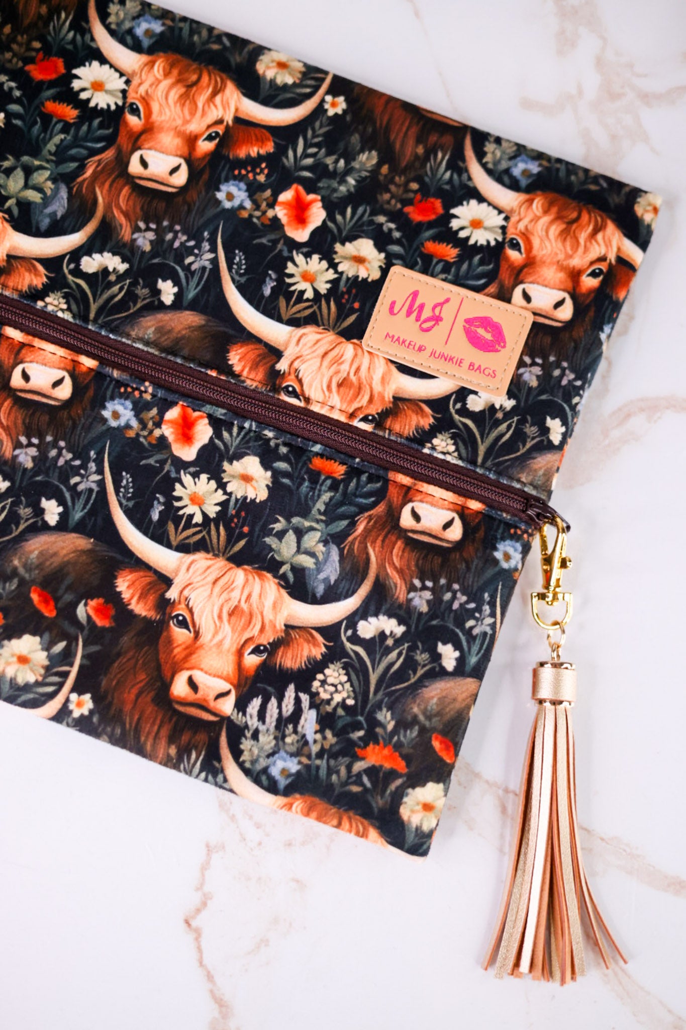 "Prairie" Highland Cow Print Makeup Bag
