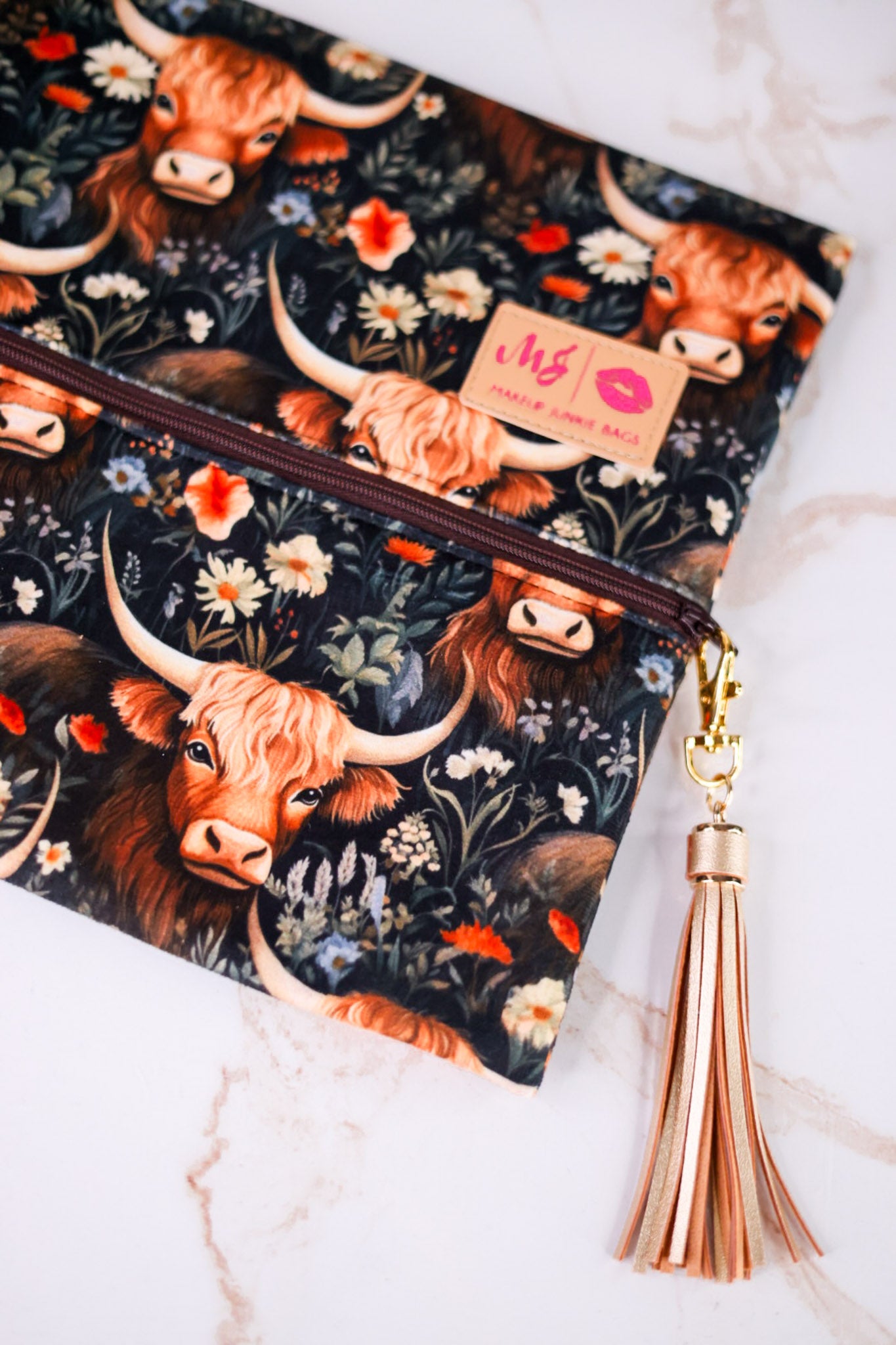 "Prairie" Highland Cow Print Makeup Bag