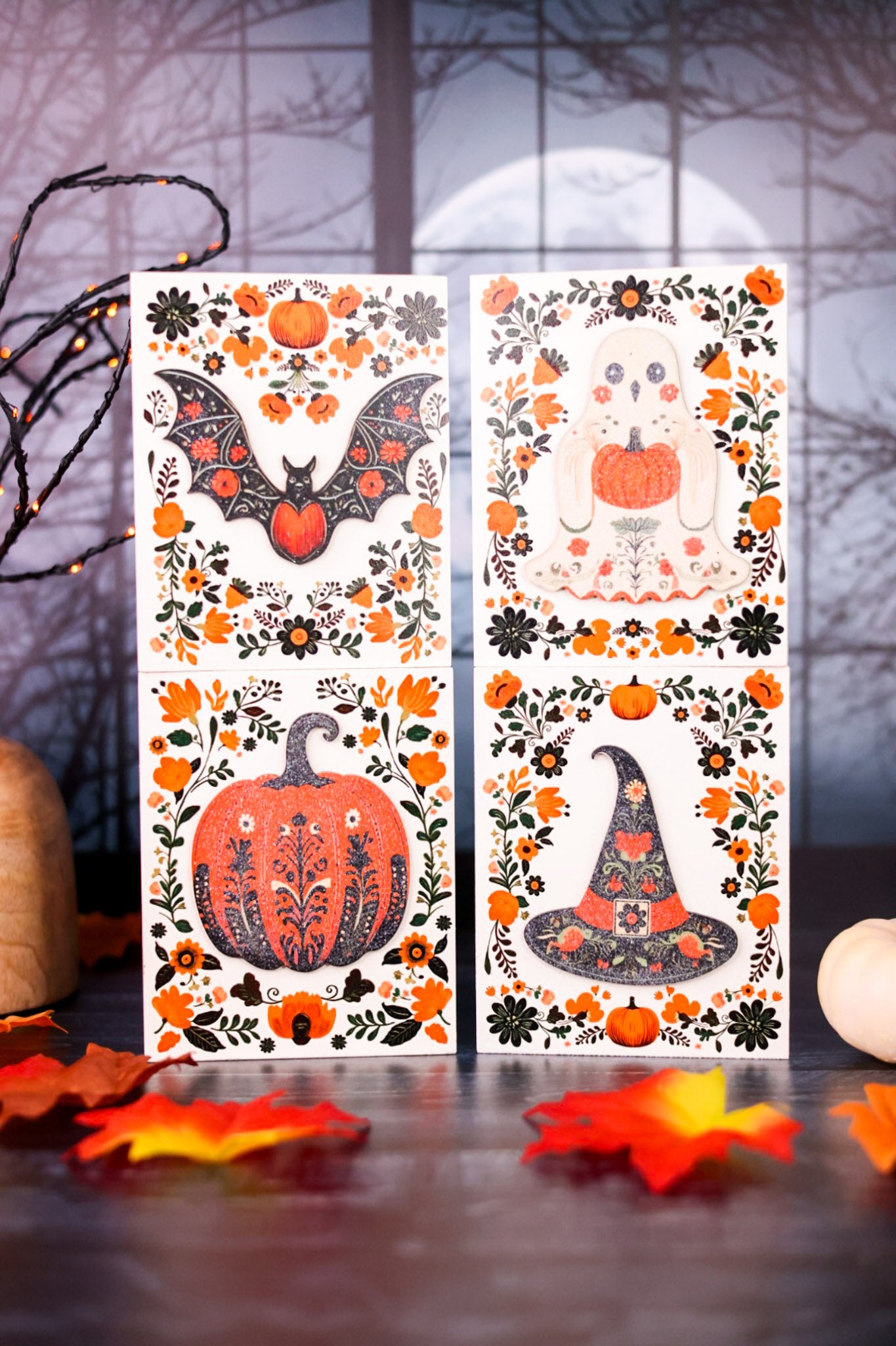 6” Glittery Floral Halloween Block (4 Styles)