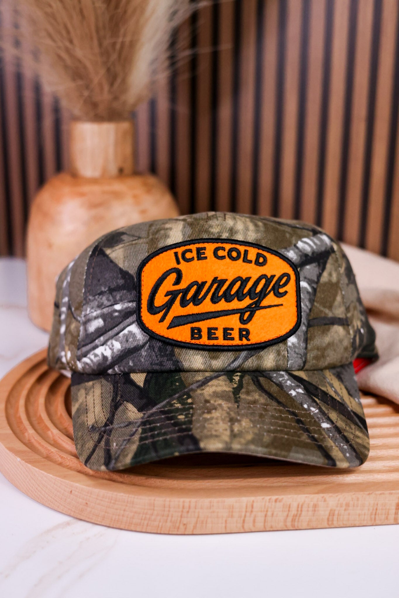 Camo Soft Crown Garage Beer Front Patch Trucker Hat