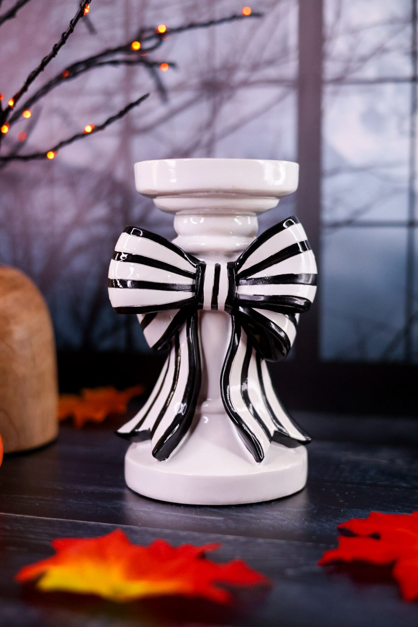 Black & White Striped Bow Resin Candle Holders (2 Sizes)